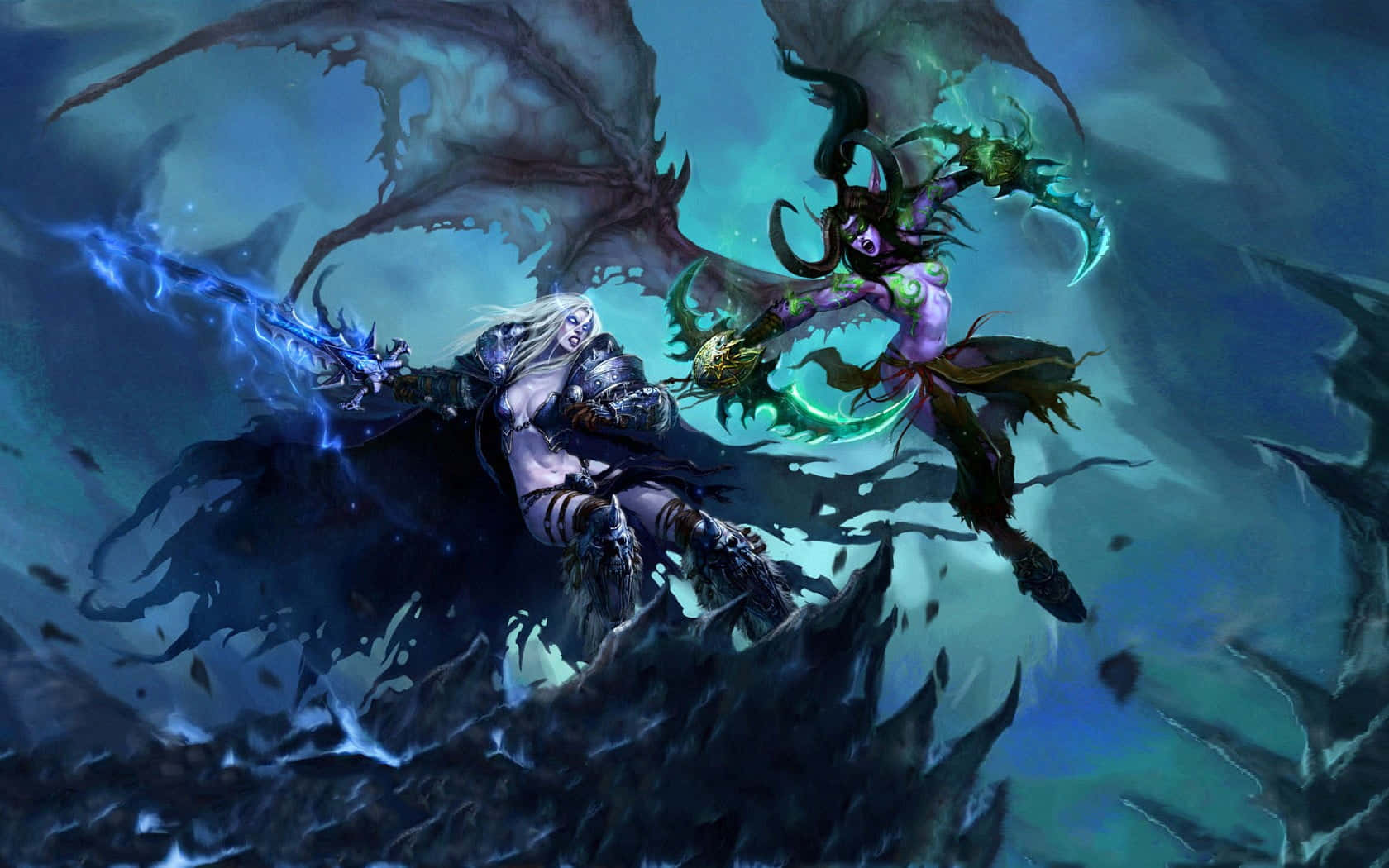 demon hunting, glowing blue sword, green scythe, HD Desktop Wallpaper
