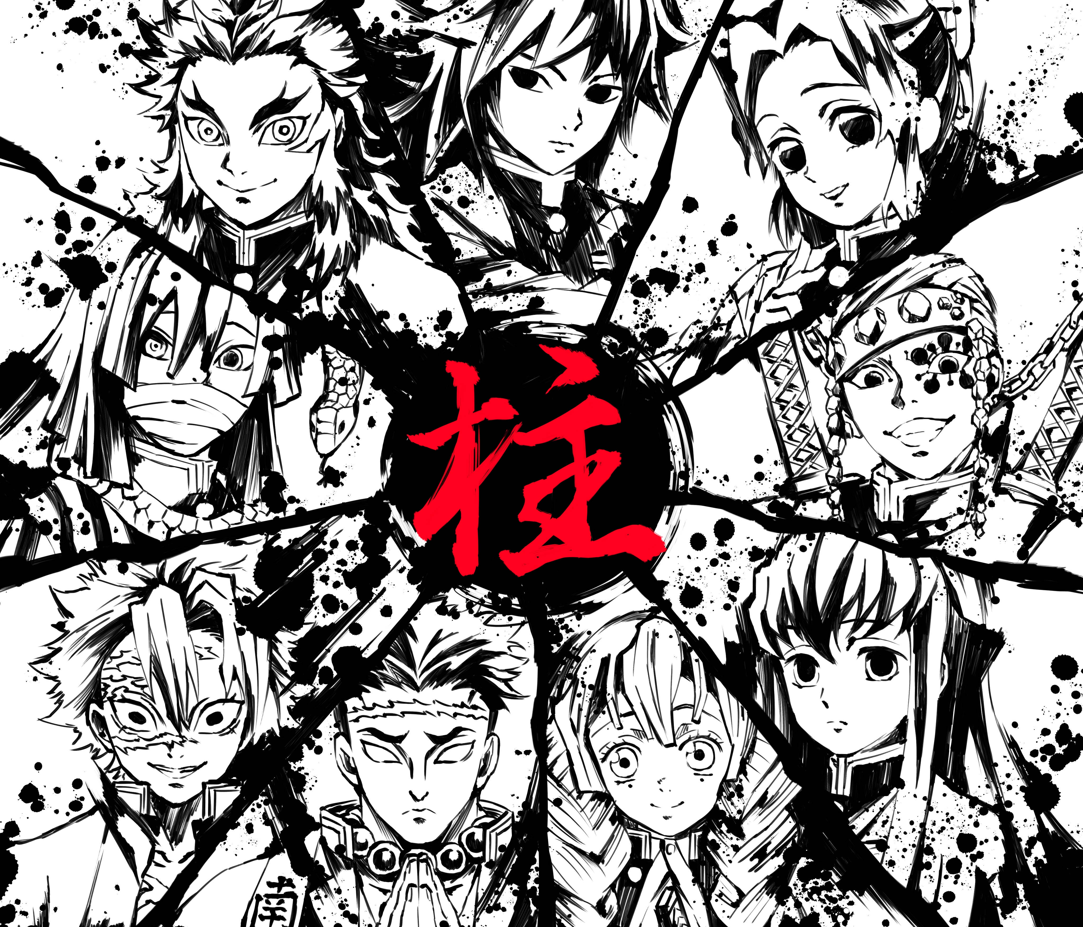 Demon Slayer 4K, ink splatter, black and white anime characters, 4K Desktop Wallpaper