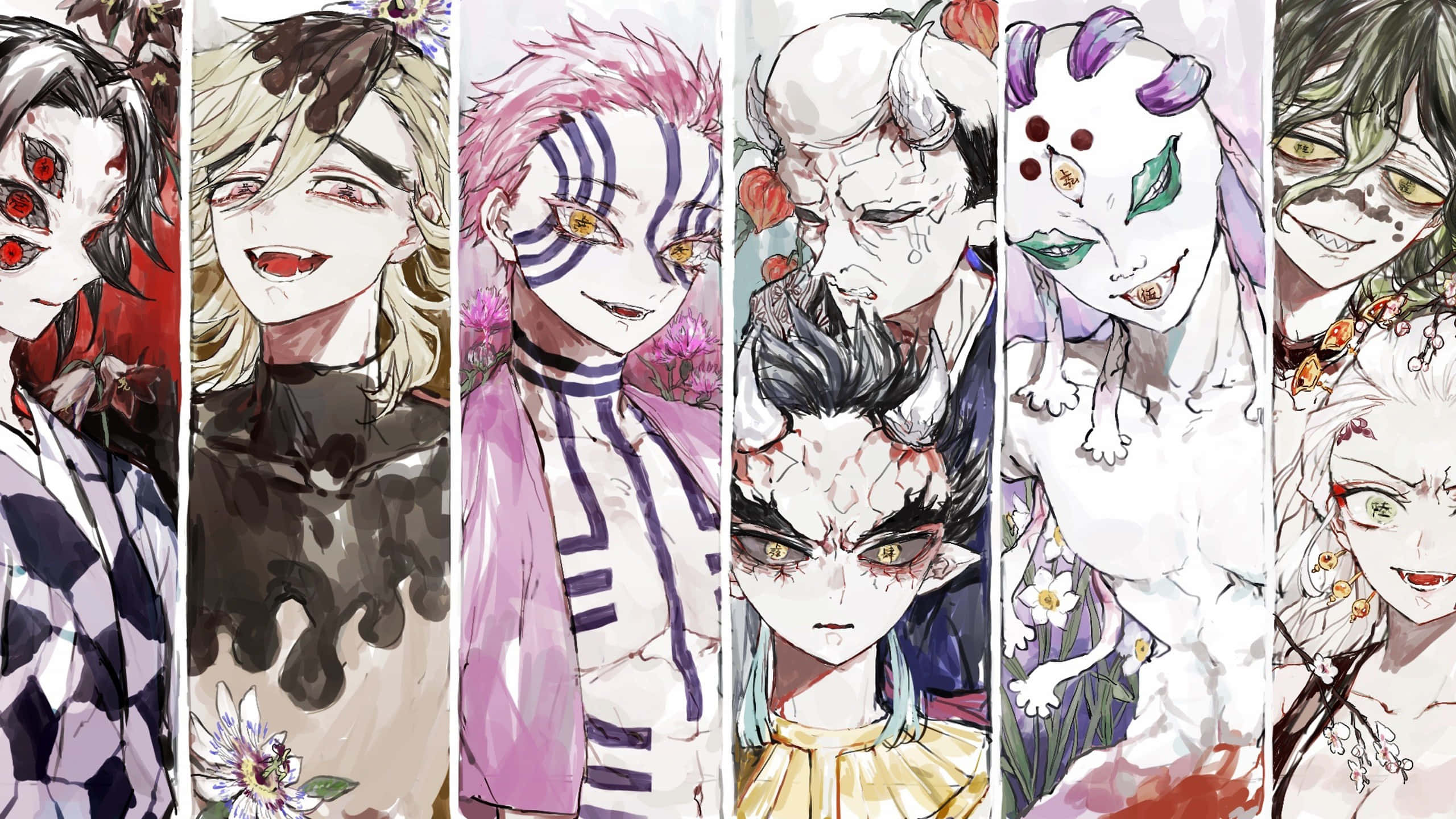 Demon Slayer, Seven anime characters, demonic features, 2K Desktop Wallpaper