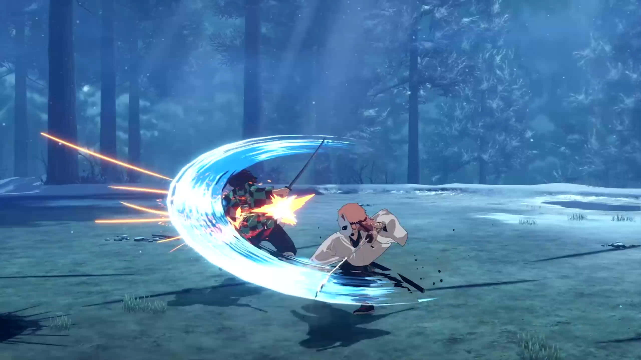 Demon Slayer, Intense Battle Scene, snowy forest, 2K Desktop Wallpaper