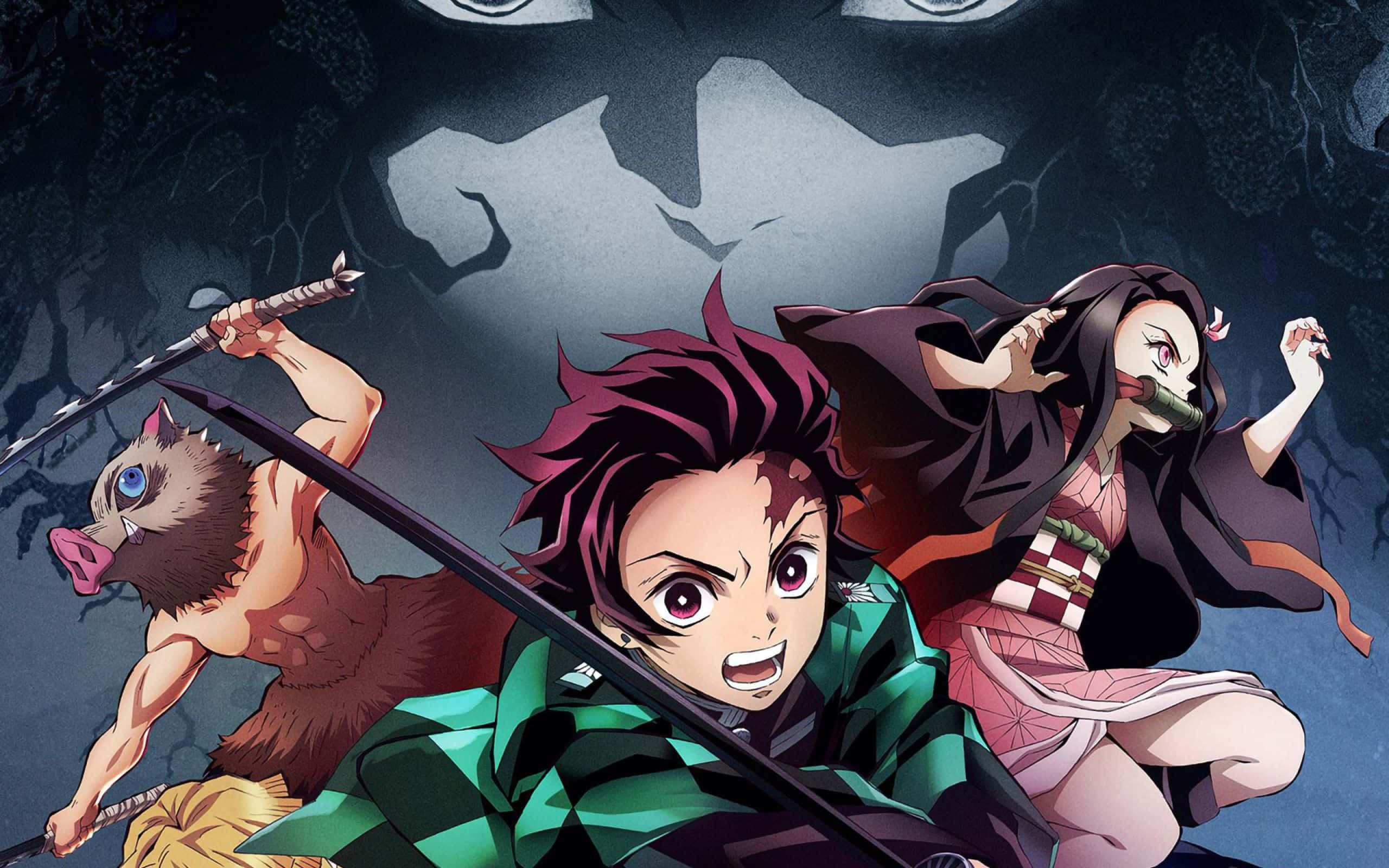 Demon Slayer, trio action pose, anime warriors, 2K Desktop Wallpaper