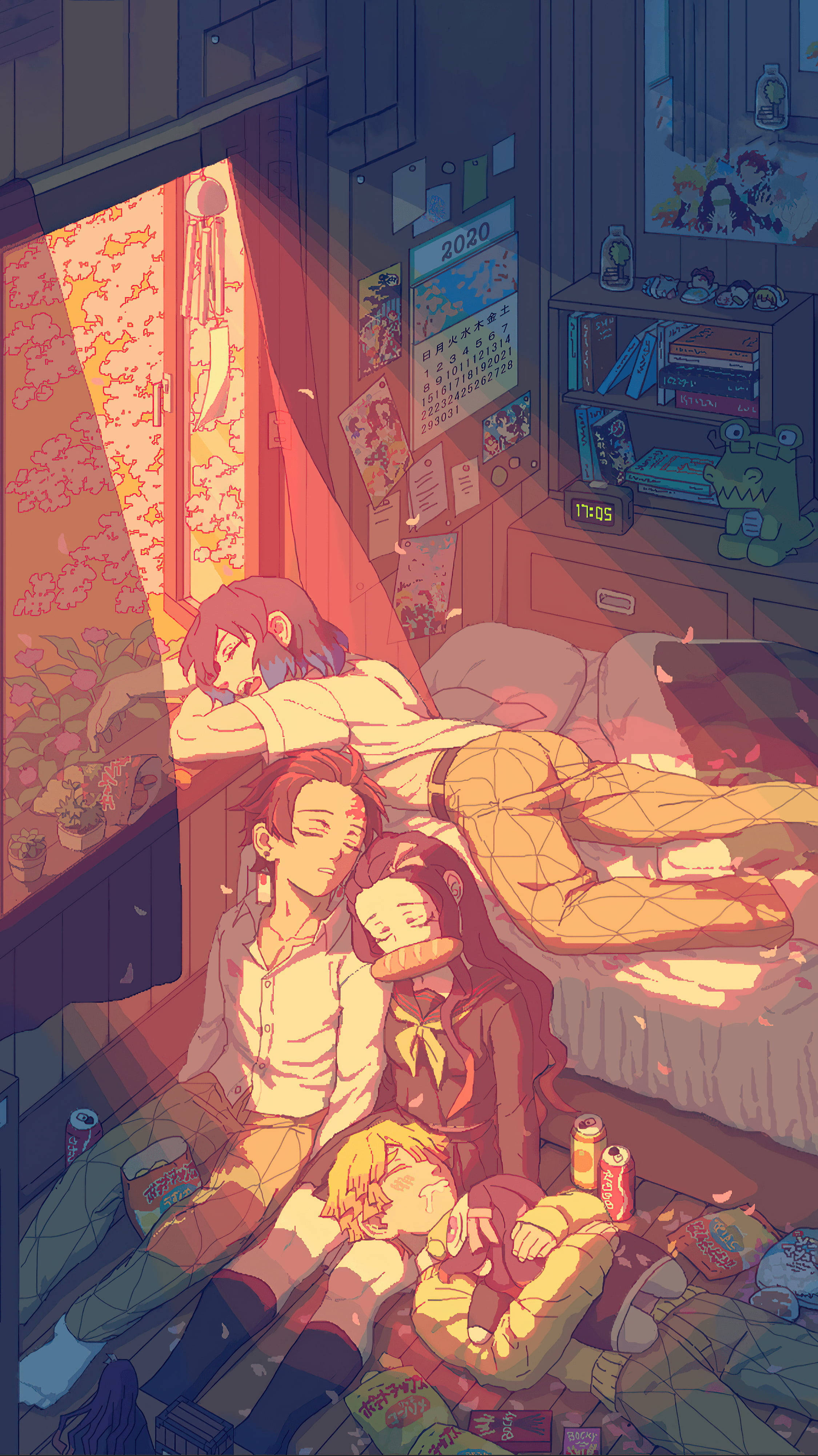 Demon Slayer Aesthetic, anime characters, cozy bedroom, 4K Phone Wallpaper