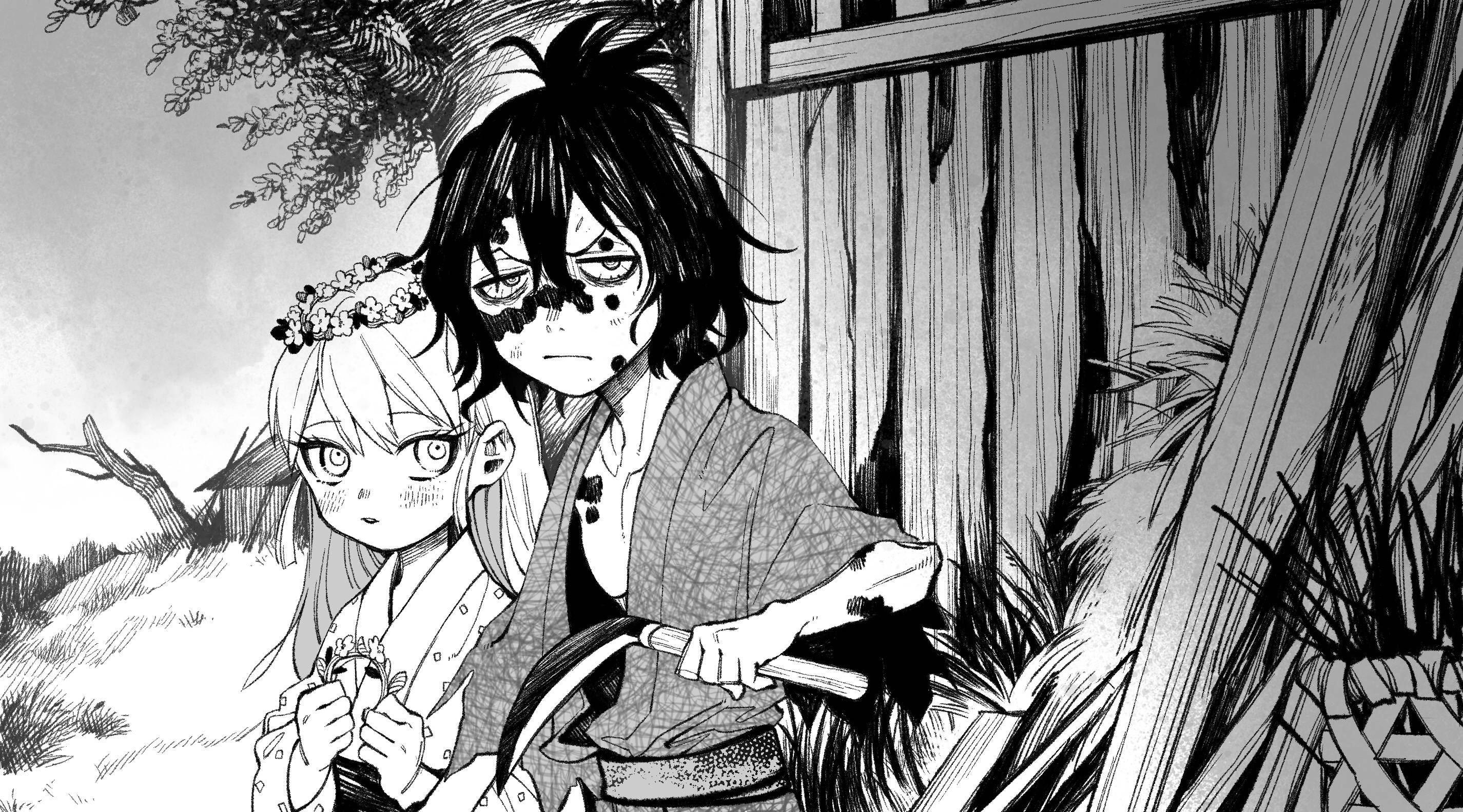 Demon Slayer, black and white, traditional robes, 2K Desktop Wallpaper