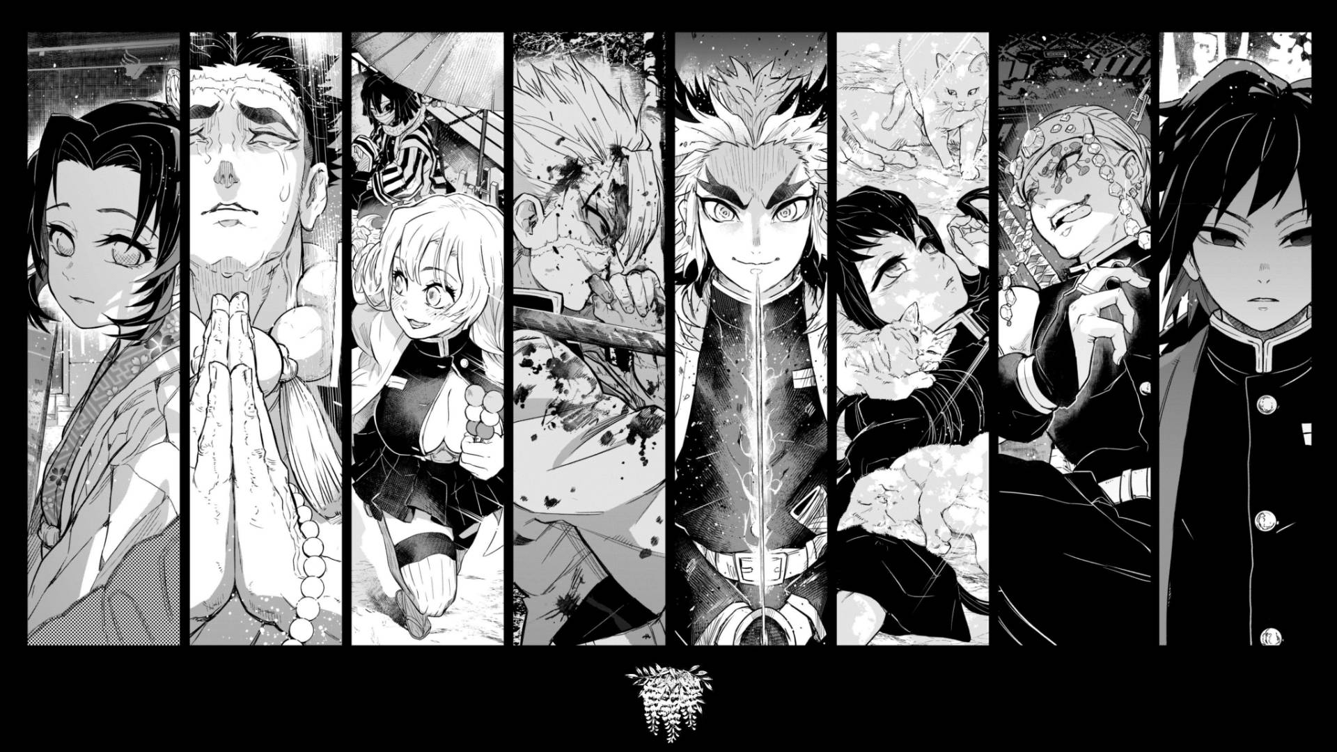 Demon Slayer, black and white, manga-style, Full HD Desktop Wallpaper