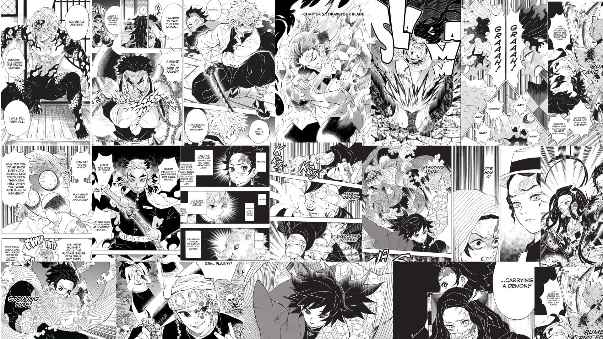 Demon Slayer, manga panels, black and white, Full HD Desktop Wallpaper