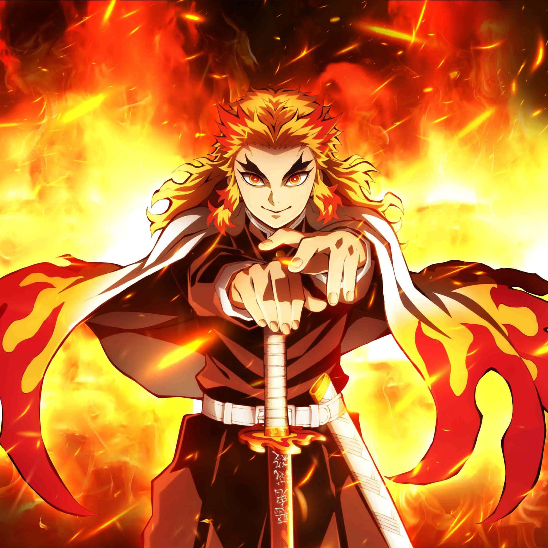 Demon Slayer Team, flame-embellished cloak, fiery-haired anime warrior, Full HD Desktop Wallpaper