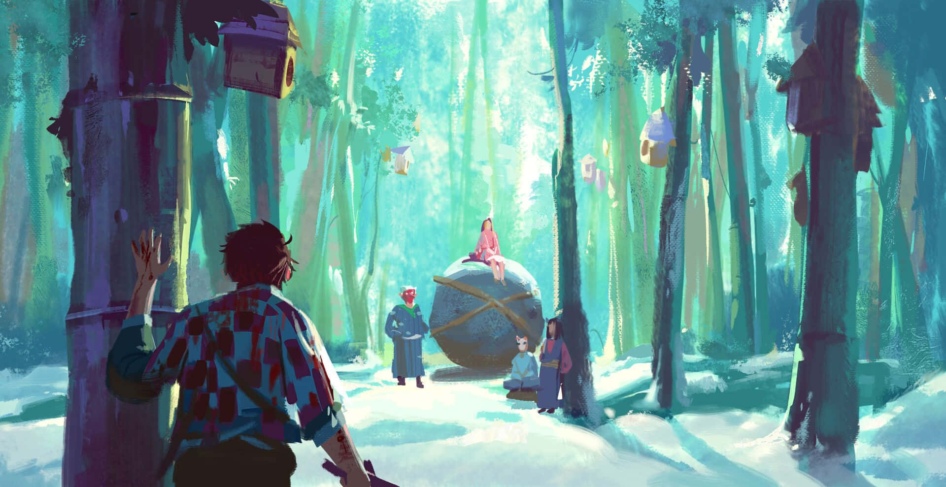 Demon Slayer, checkered shirt, snowy bamboo forest, Full HD Desktop Wallpaper