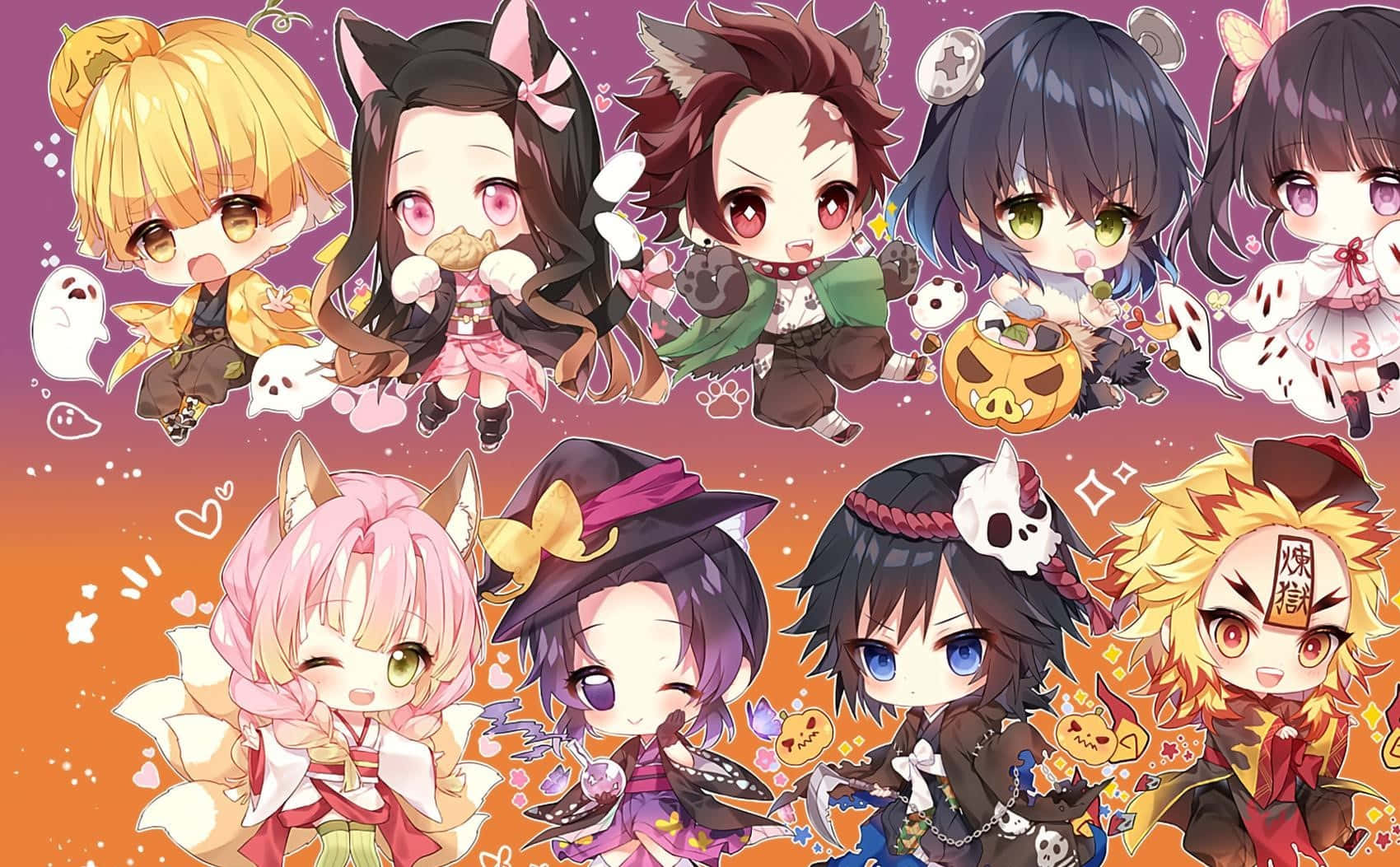 Demon Slayer, chibi, Halloween costumes, HD Desktop Wallpaper