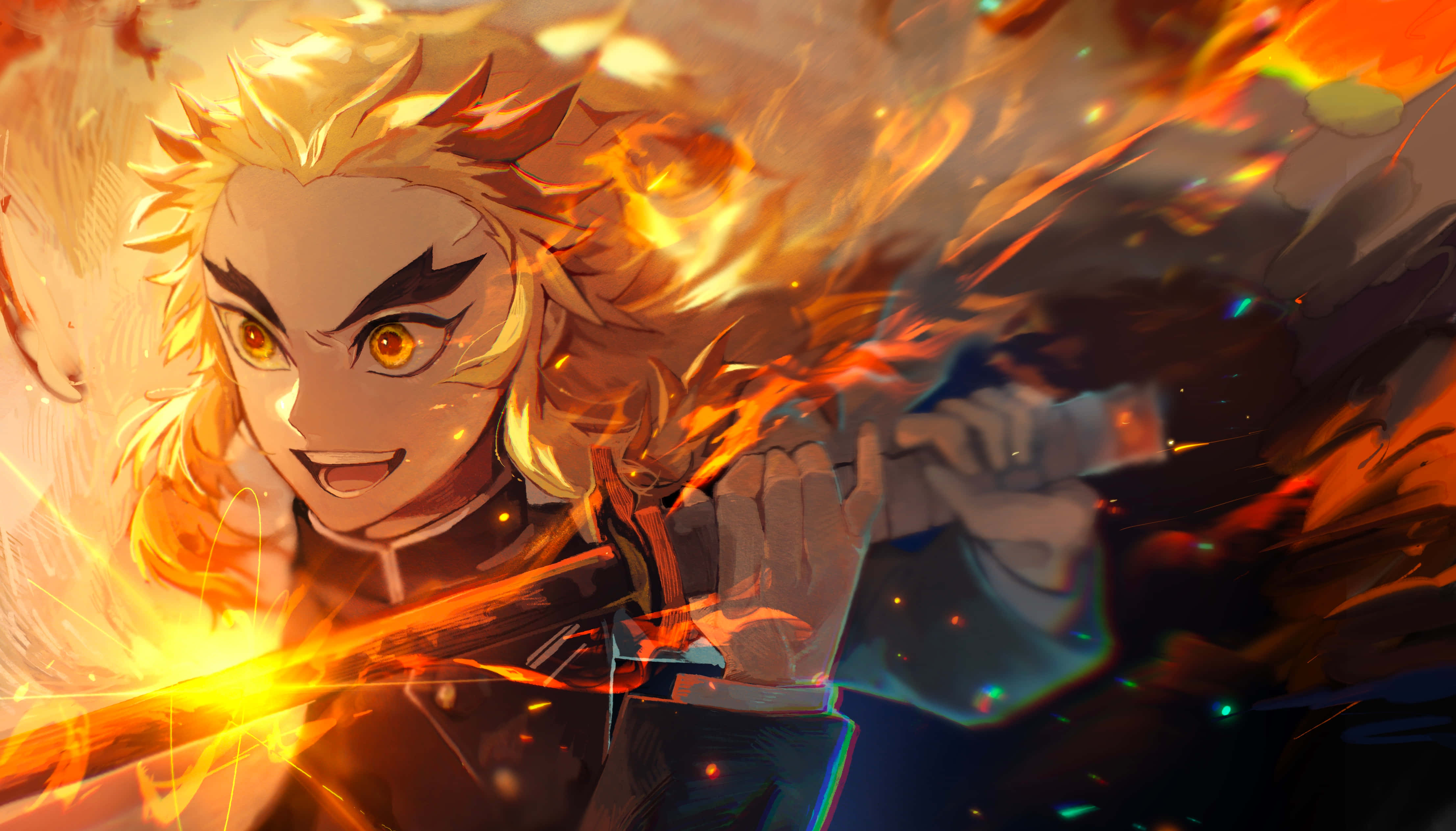 flaming blade, anime warrior, fiery-haired, 4K Desktop Wallpaper