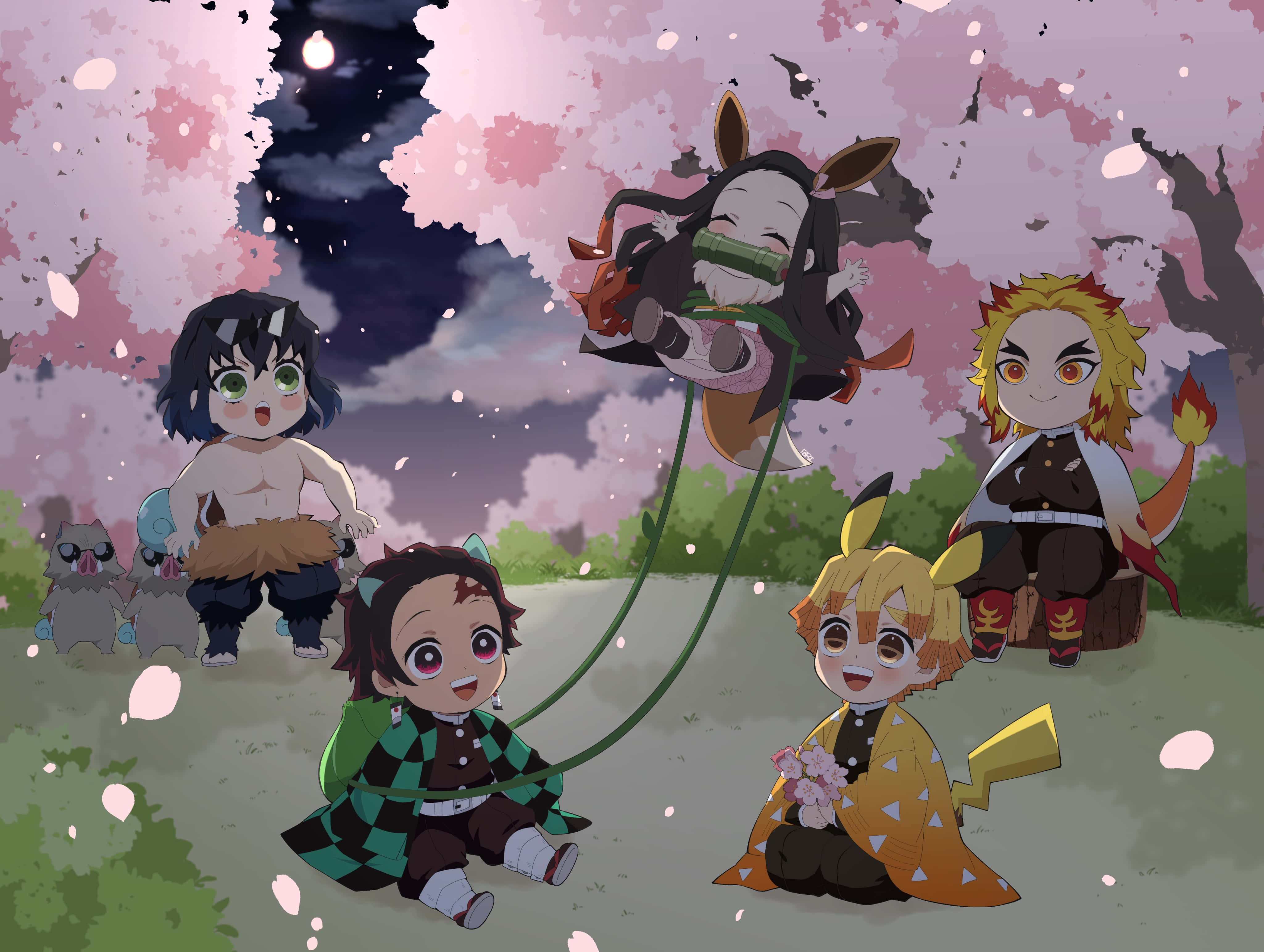 Demon Slayer, cherry blossoms, chibi anime characters, 4K Desktop Wallpaper