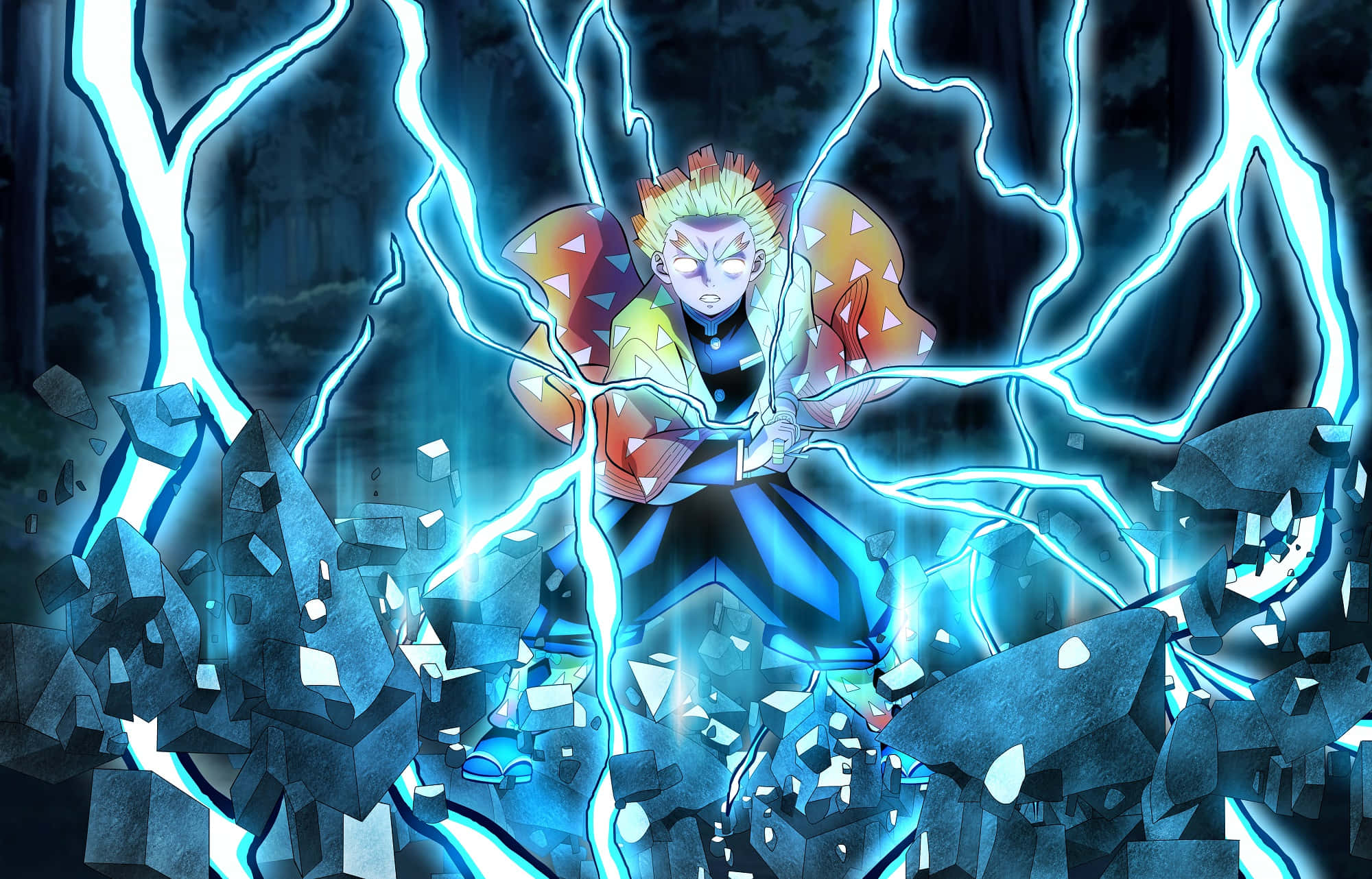 Demon Slayer, electric blue lightning, shattered stone, Full HD Desktop Wallpaper