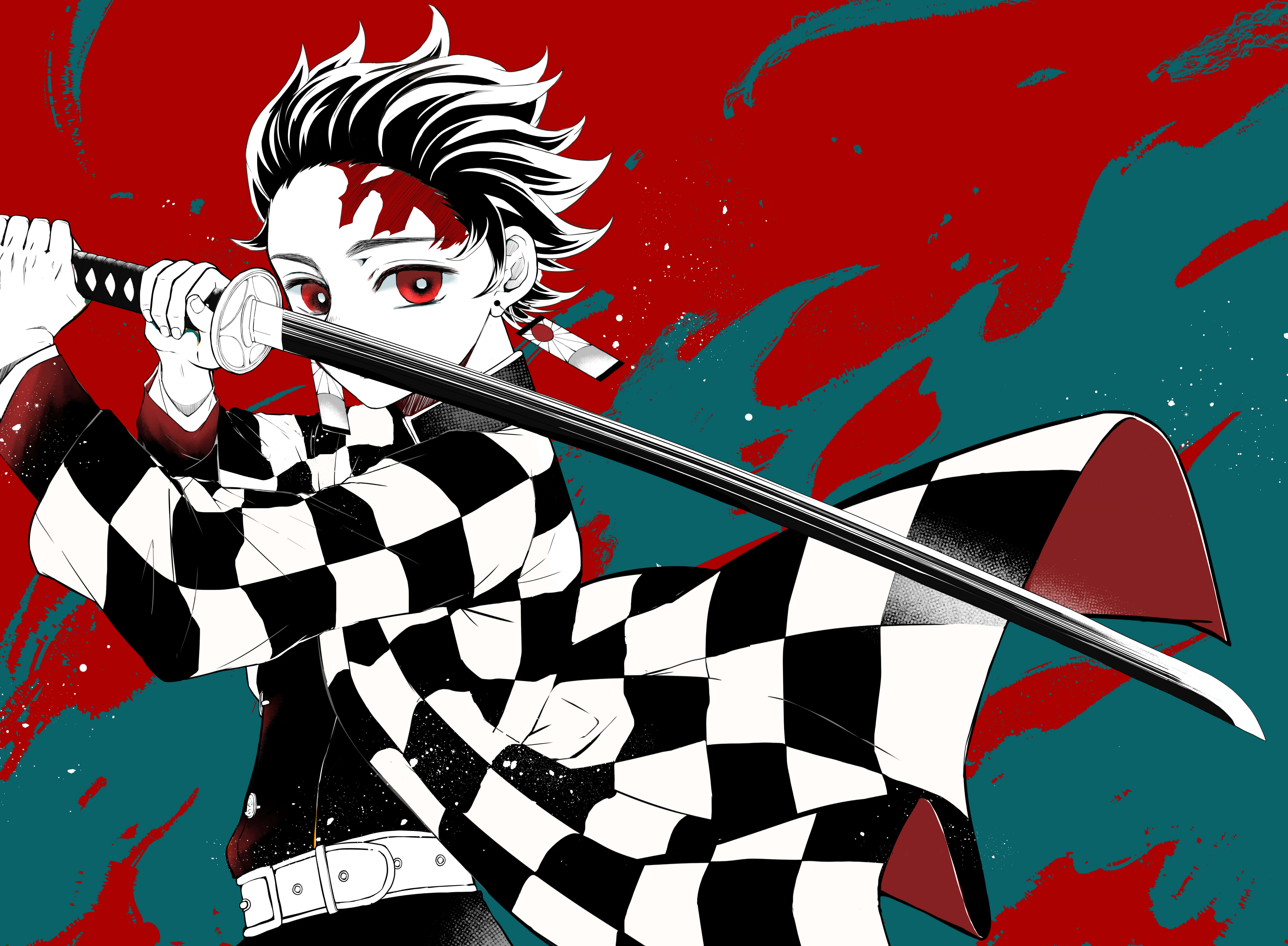 Demon Slayer, red eyes, checkered kimono, 5K Desktop Wallpaper