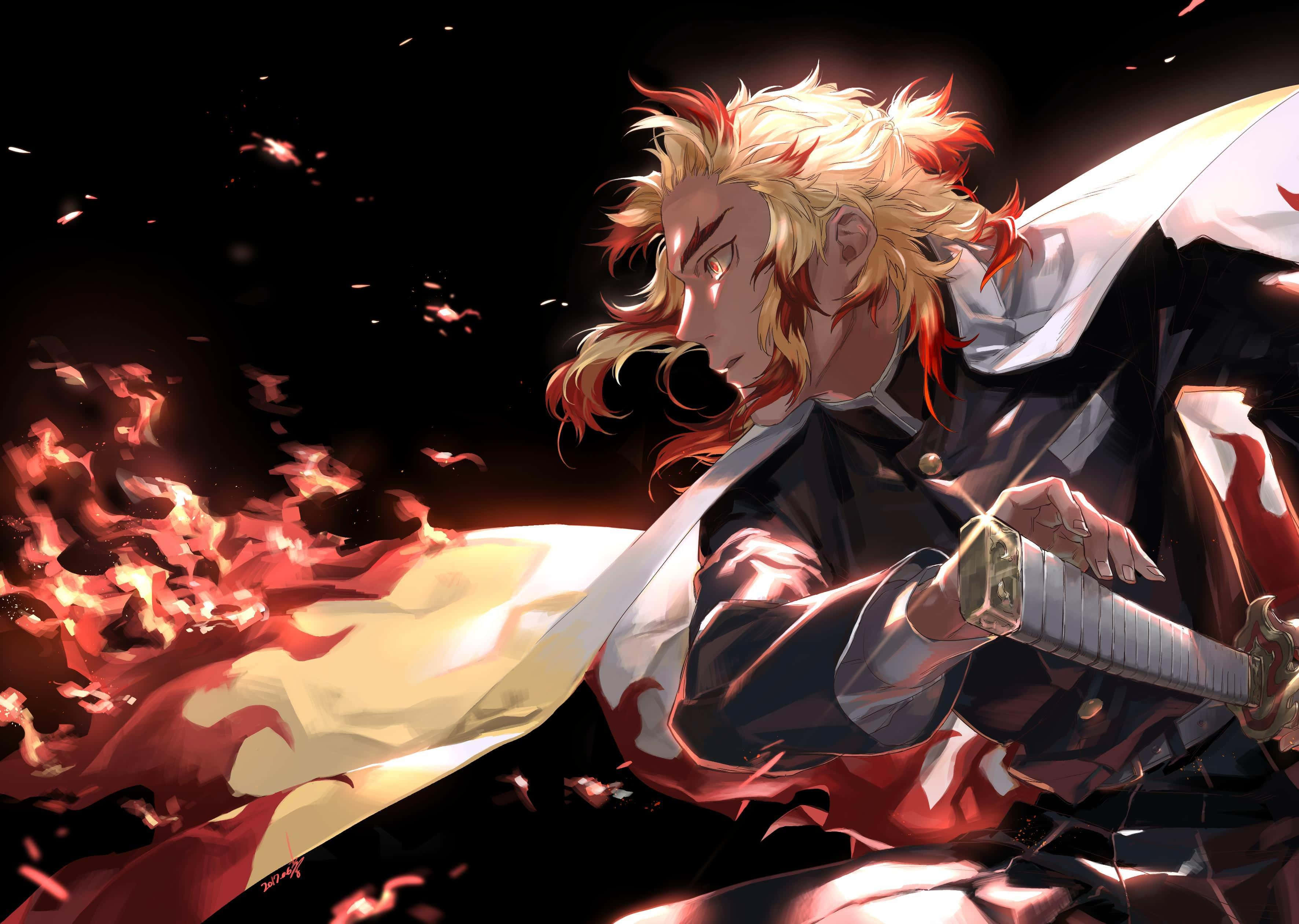 flaming blade, anime warrior, fiery-haired, 2K Desktop Wallpaper