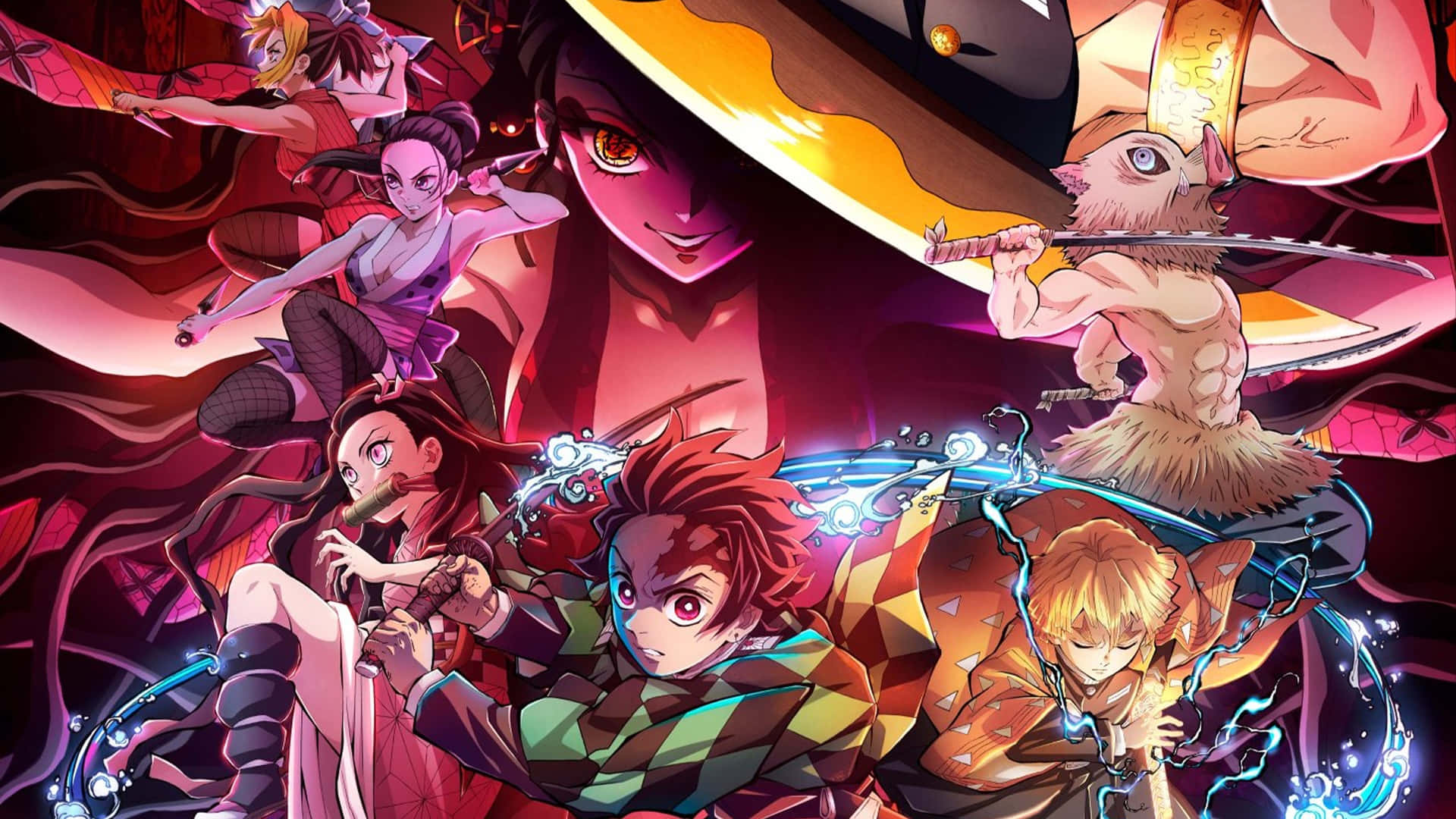 Demon Slayer Laptop, red, purple, Full HD Desktop Wallpaper