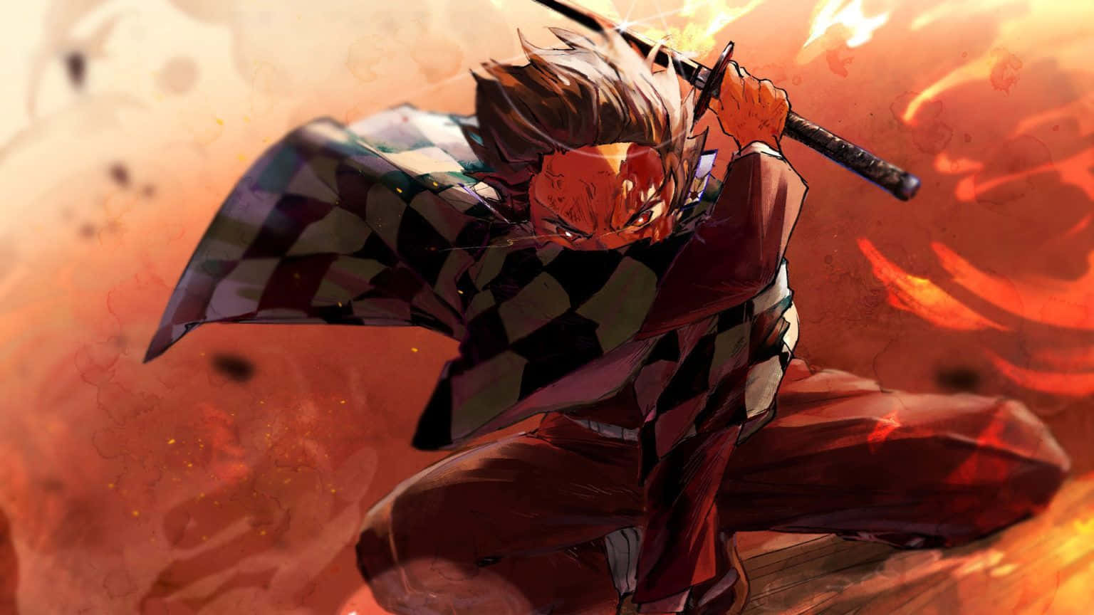 Demon Slayer, fiery-haired anime warrior, checkered cloak, HD Desktop Wallpaper