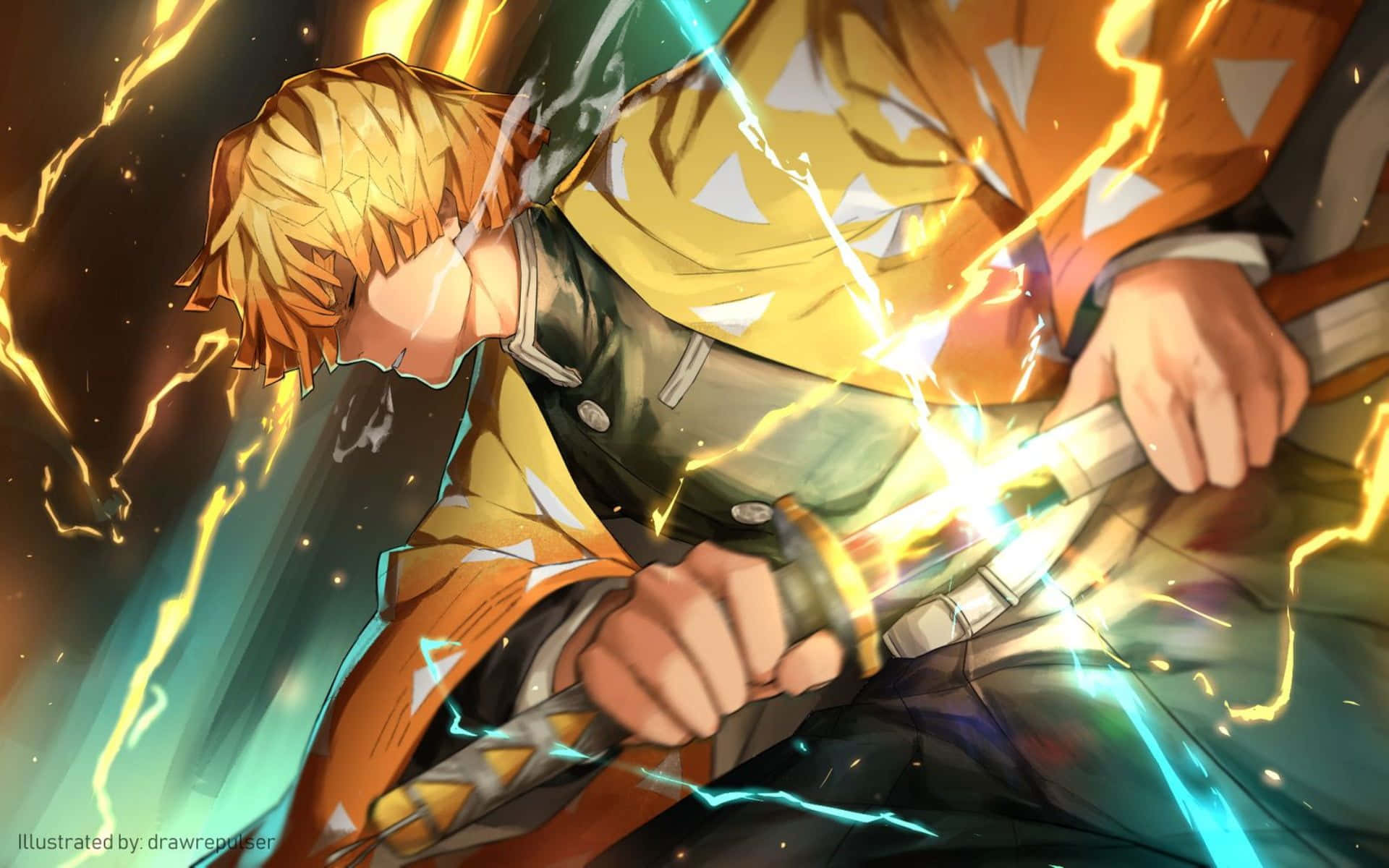 Demon Slayer, blonde anime warrior, glowing sword, Full HD Desktop Wallpaper