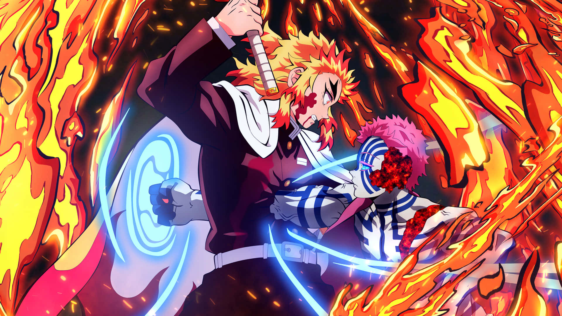 Demon Slayer, spiky orange hair, pink-haired opponent, Full HD Desktop Wallpaper