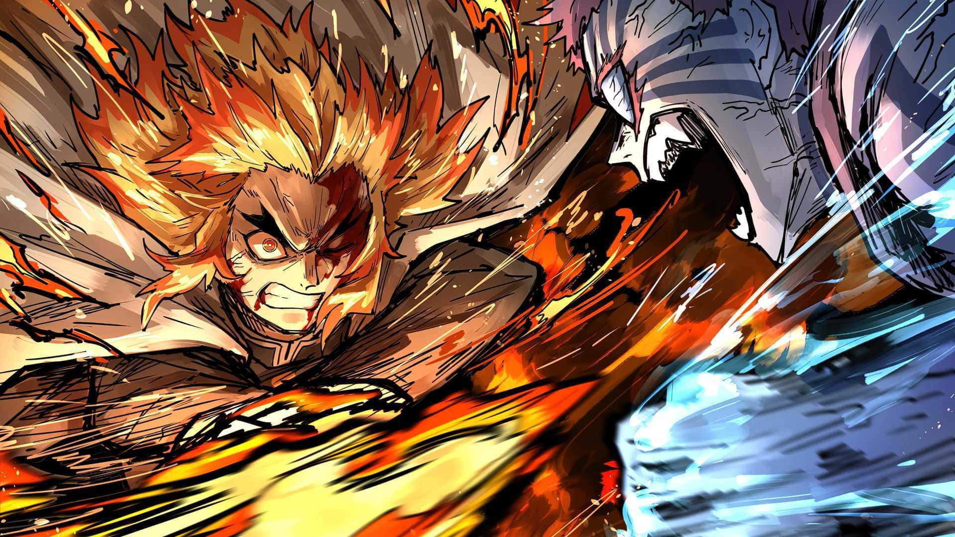 Demon Slayer Anime, fiery-haired anime warrior, blue energy slashes, Full HD Desktop Wallpaper