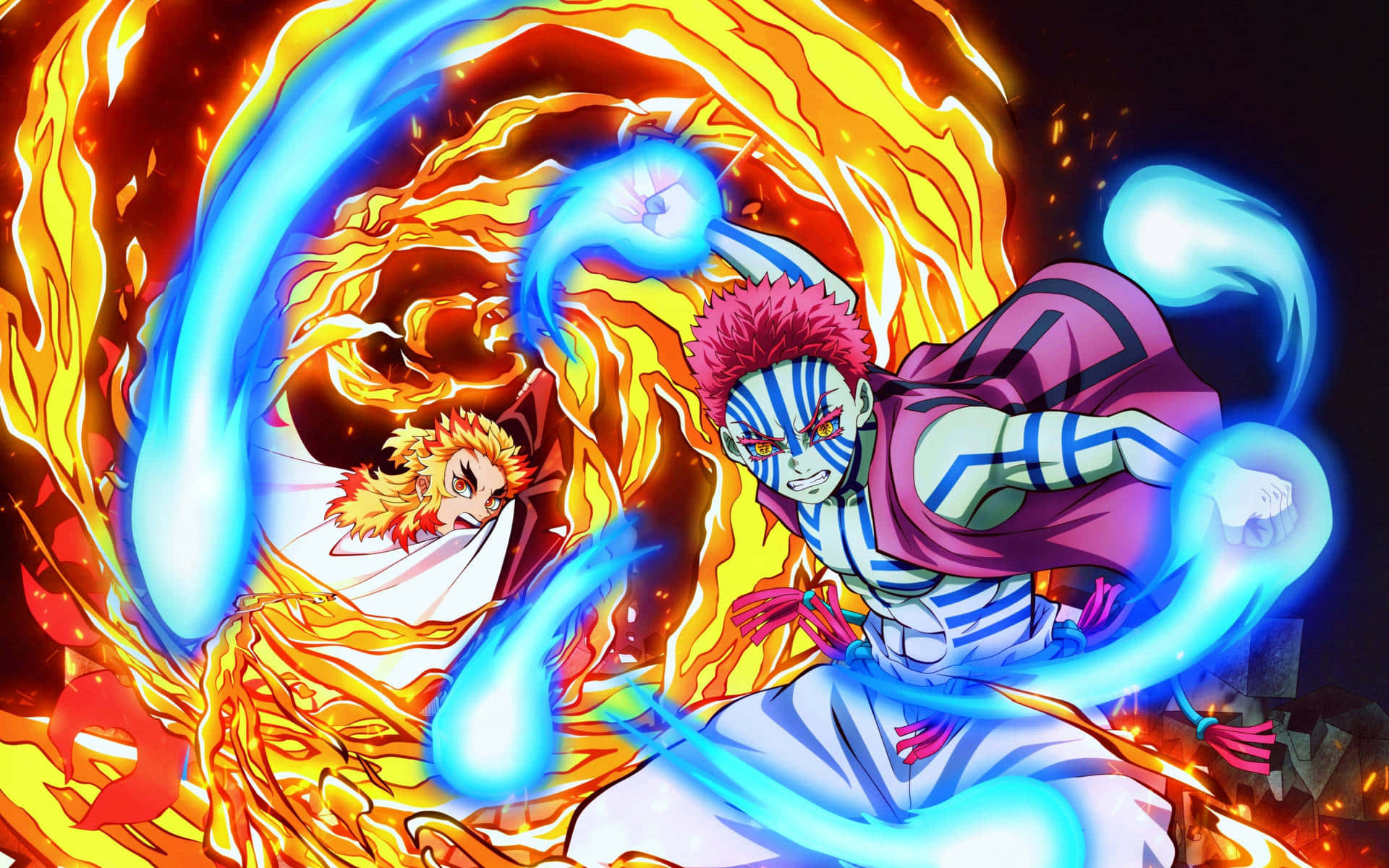 Demon Slayer Fight, orange flames, swirling blue energy, Full HD Desktop Wallpaper