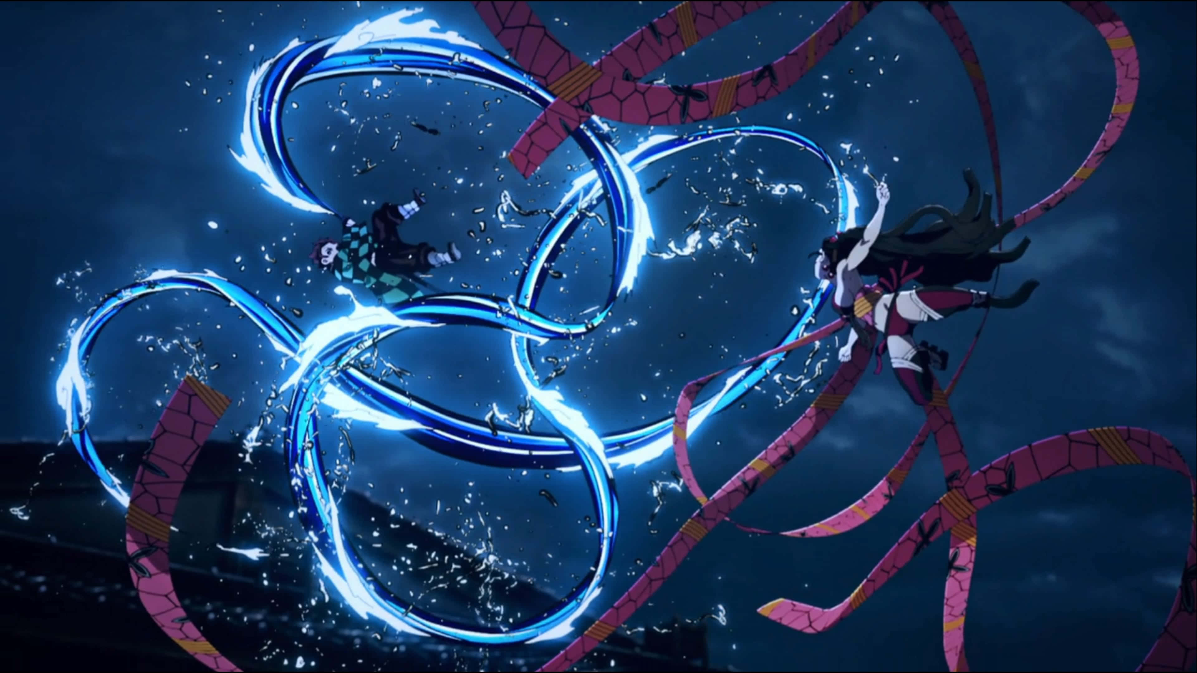 Demon Slayer, Epic Battle Scene, glowing blue energy rings, 4K Desktop Wallpaper