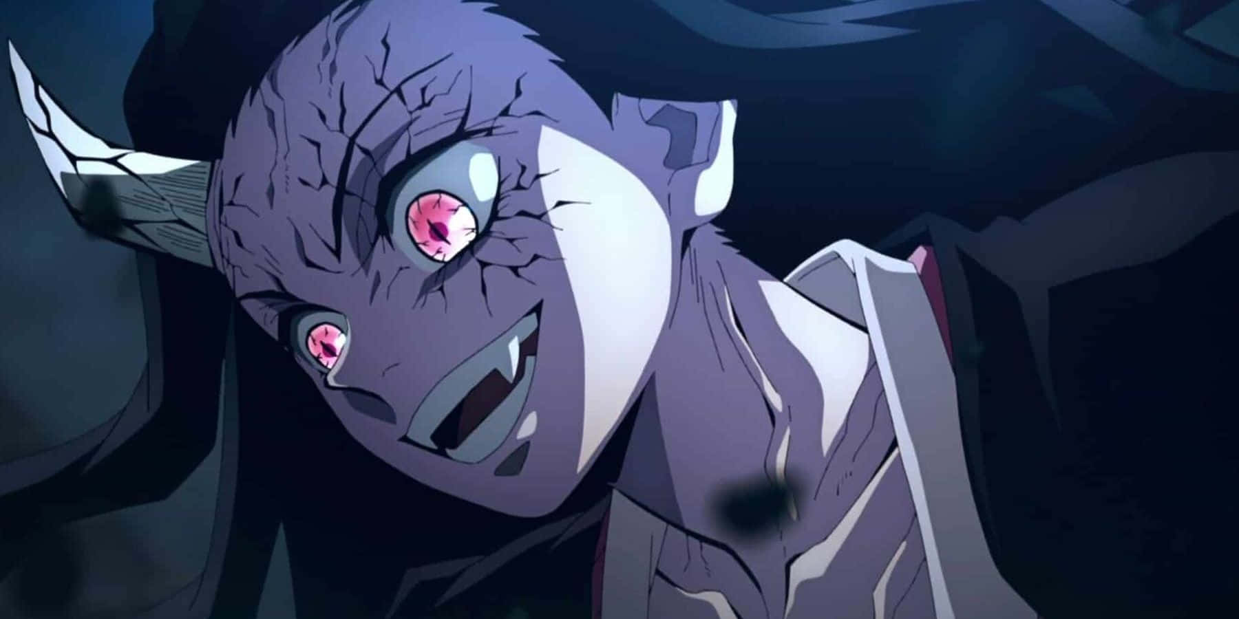 Demon Slayer Fight, cracked purple skin, glowing pink eyes, HD Desktop Wallpaper