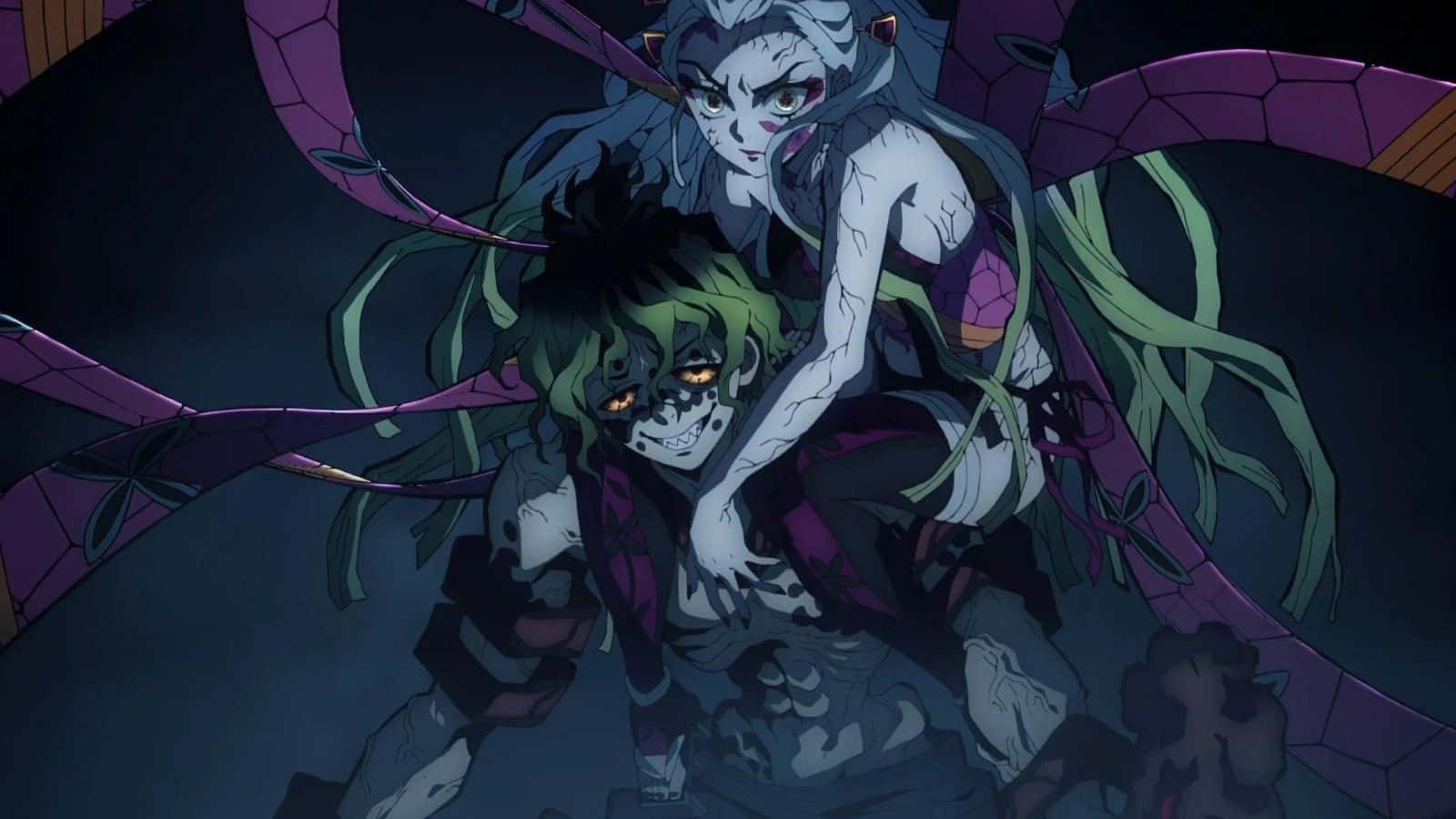Demon Slayer Fight, green and white hair, glowing eyes, HD Desktop Wallpaper