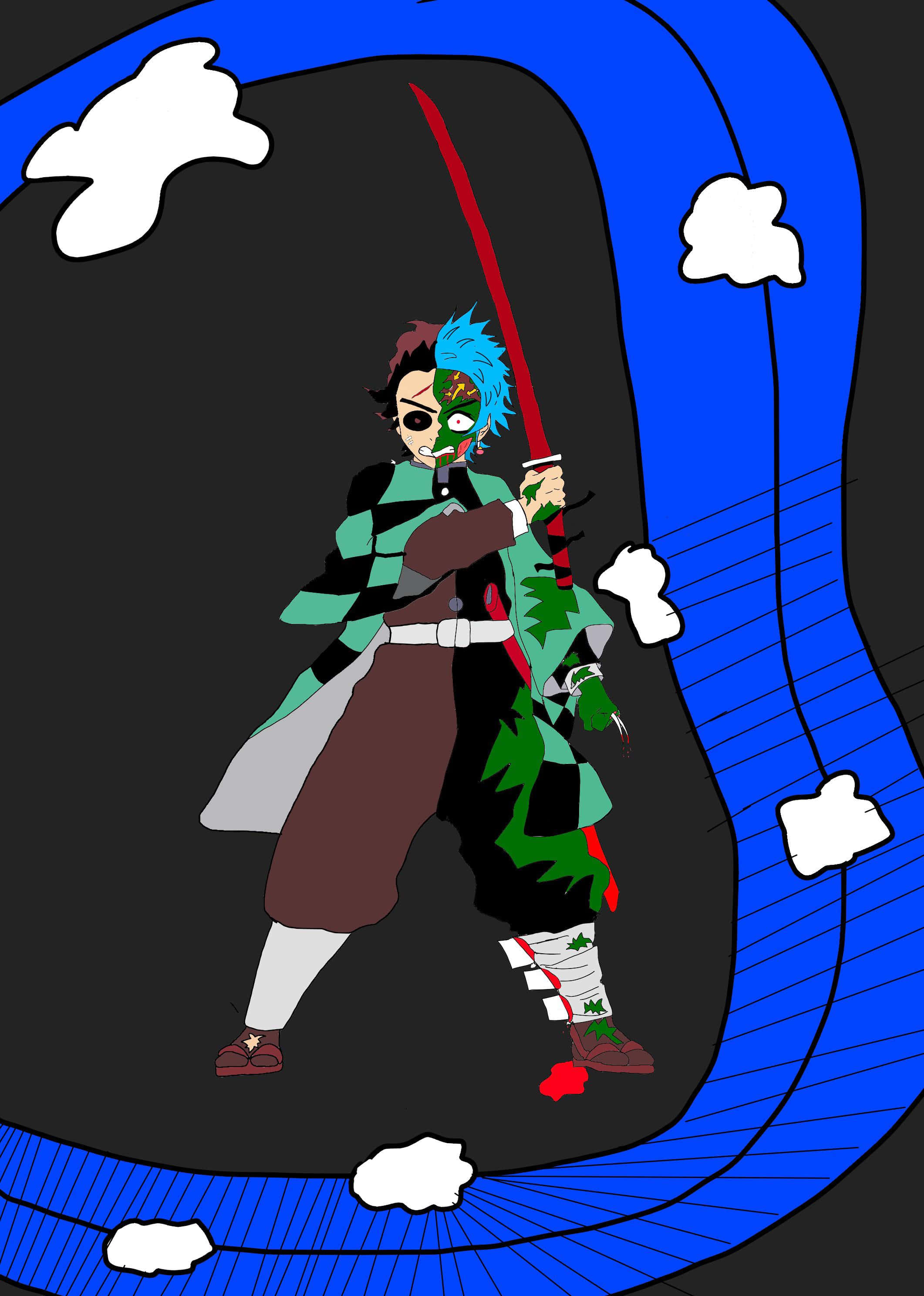 Demon Slayer, half demon, blue hair, 2K Phone Wallpaper