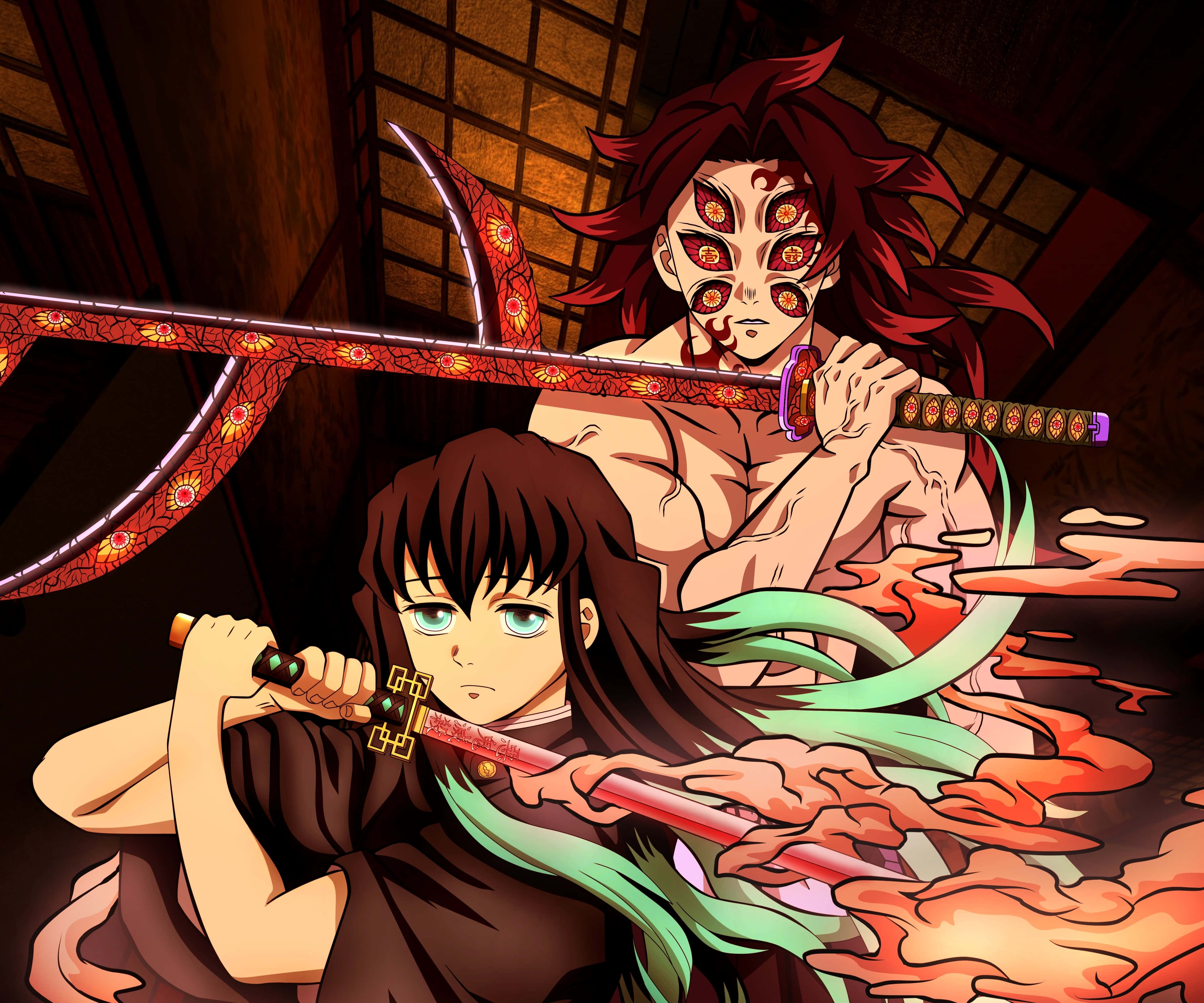 Demon Slayer, red hair, floral sword, 4K Desktop Wallpaper