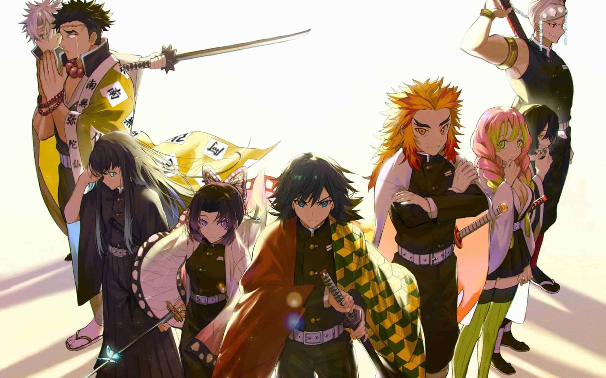 Demon Slayer Characters, sword-wielding demon slayers, vibrant traditional attire, Full HD Desktop Wallpaper