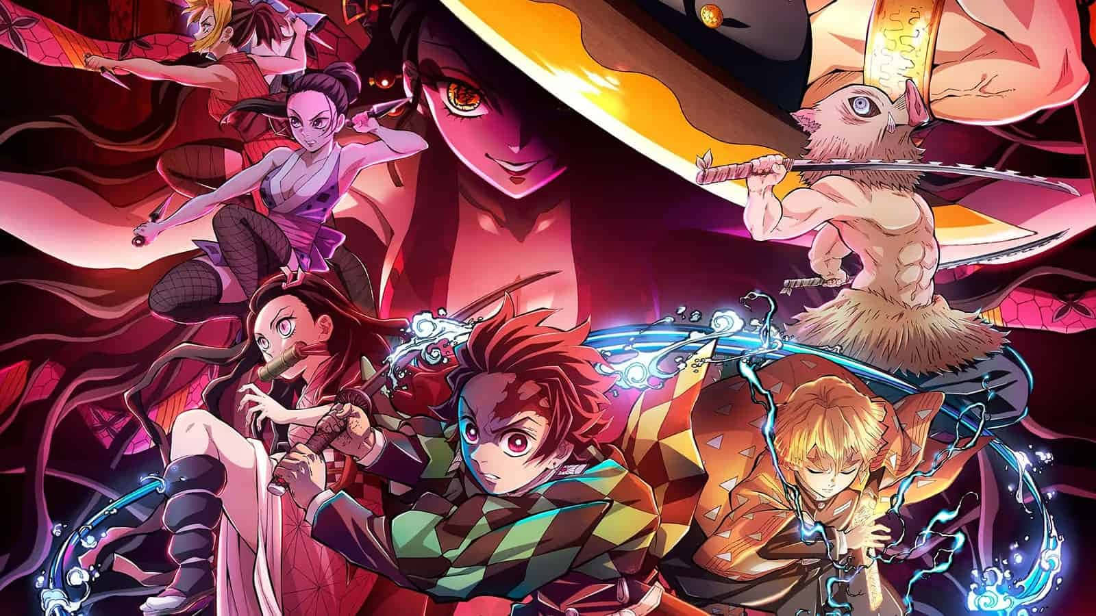 Demon Slayer Characters, epic battle, vibrant reds and purples, HD Desktop Wallpaper