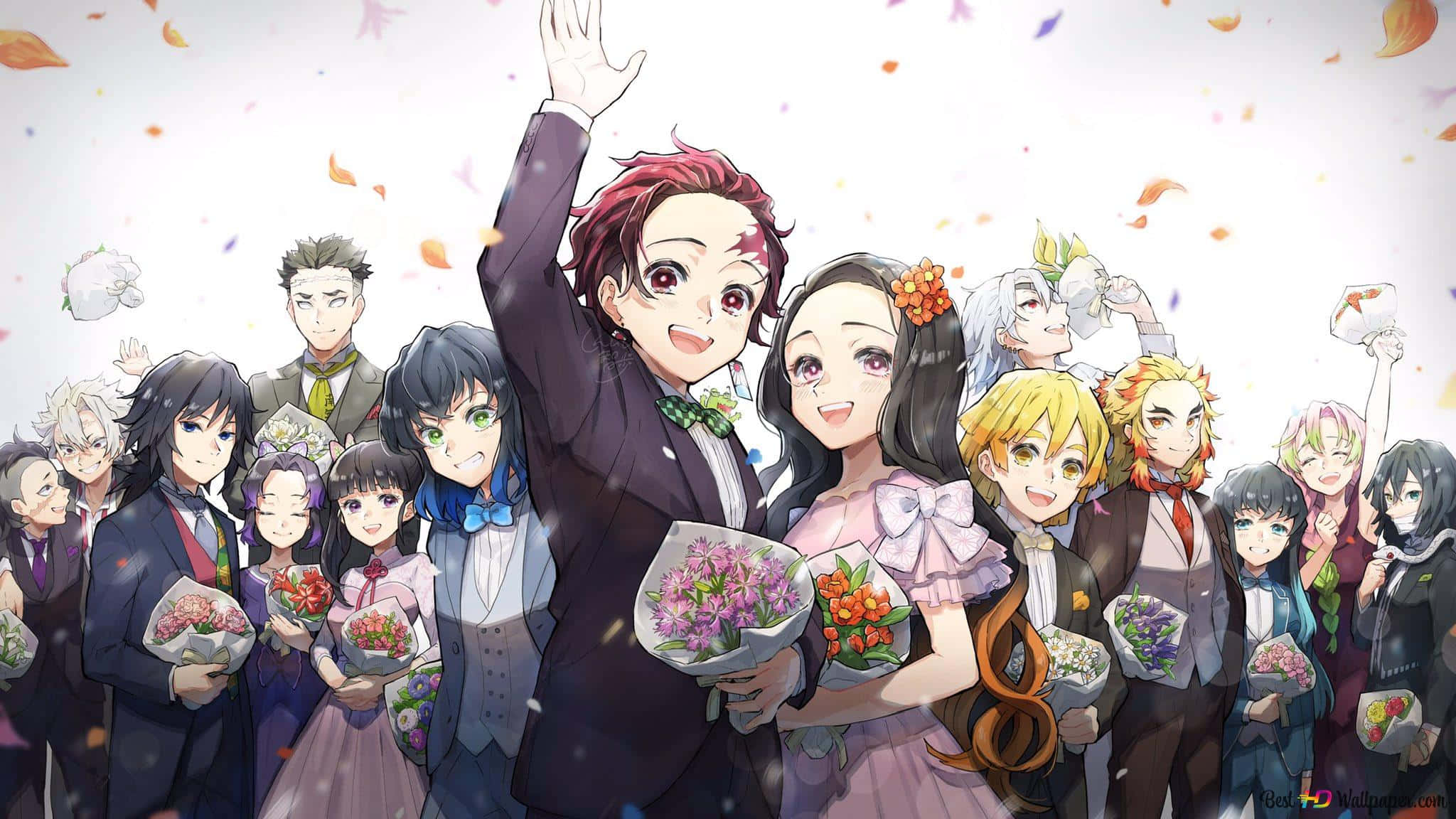 Demon Slayer Group, anime characters, flowers, Full HD Desktop Wallpaper