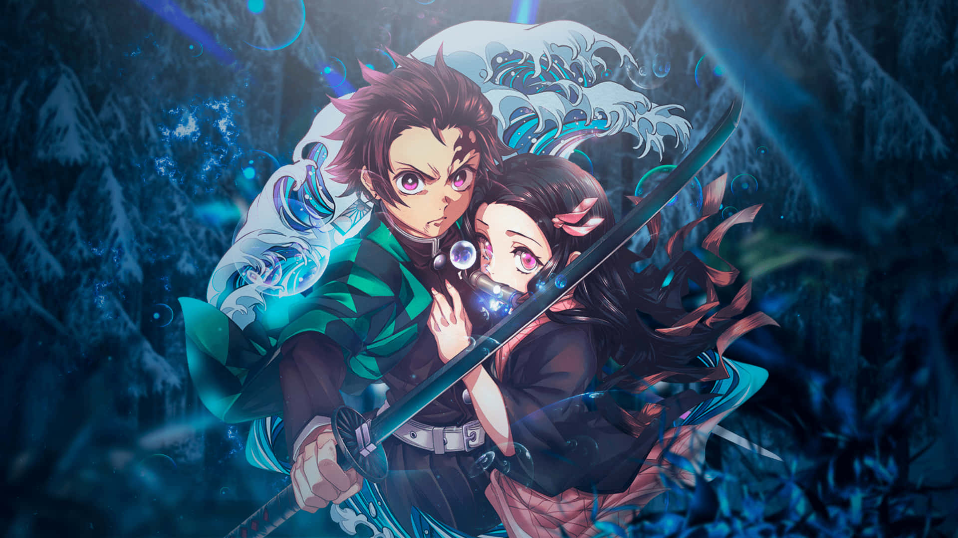 Demon Slayer Group, anime warriors, swirling blue energy, Full HD Desktop Wallpaper