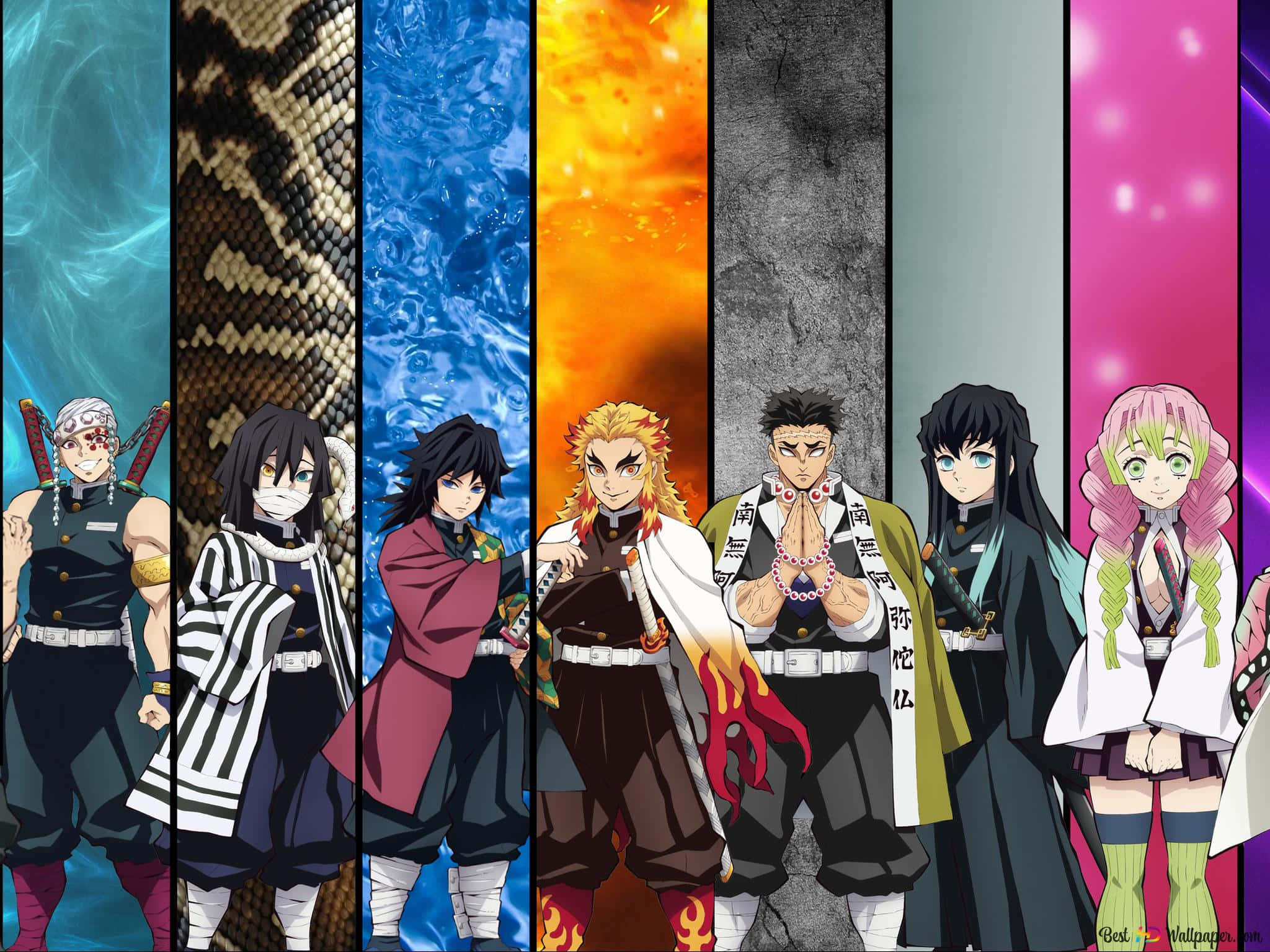 Demon Slayer, Seven anime characters, vertical panels, Full HD Desktop Wallpaper
