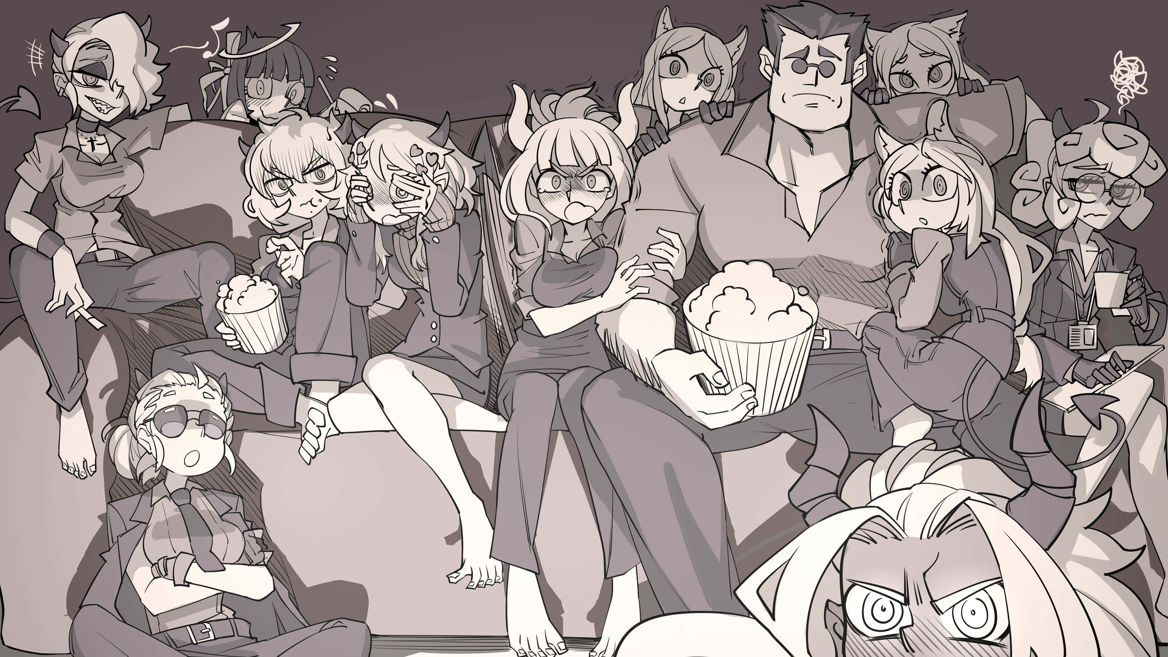 Demon Slayer Group, couch, popcorn, 4K Desktop Wallpaper