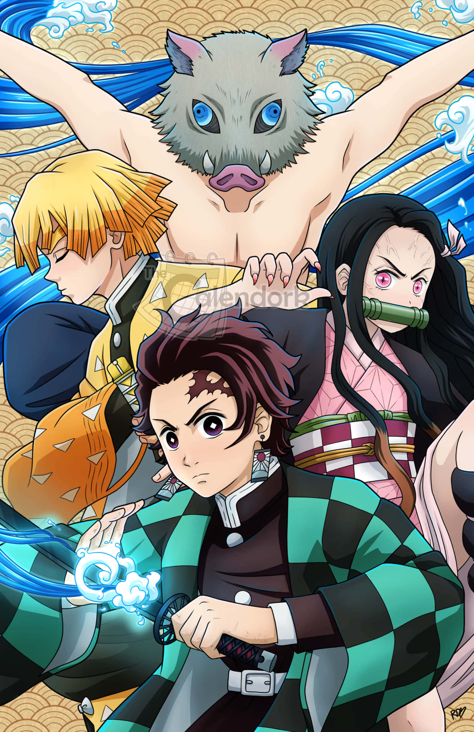 Demon Slayer Group, blue wave, gold patterned background, 2K Phone Wallpaper