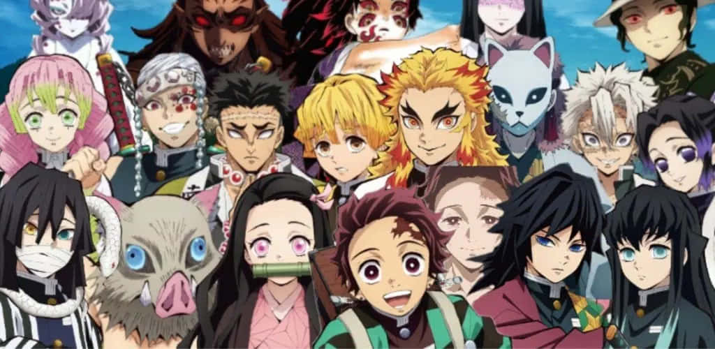 Demon Slayer Group, anime group shot, diverse characters, SD Desktop Wallpaper