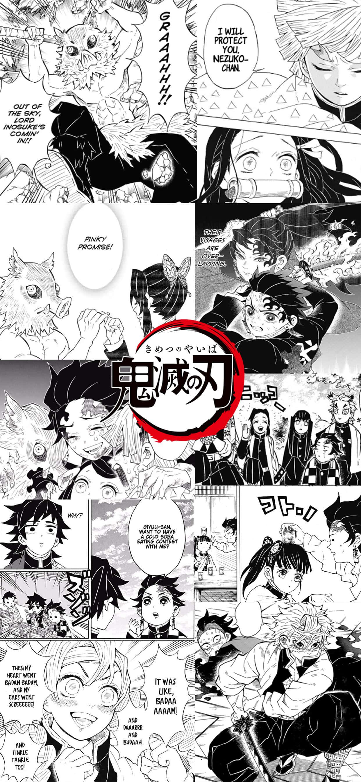 Demon Slayer, manga panels, black and white, 2K Phone Wallpaper