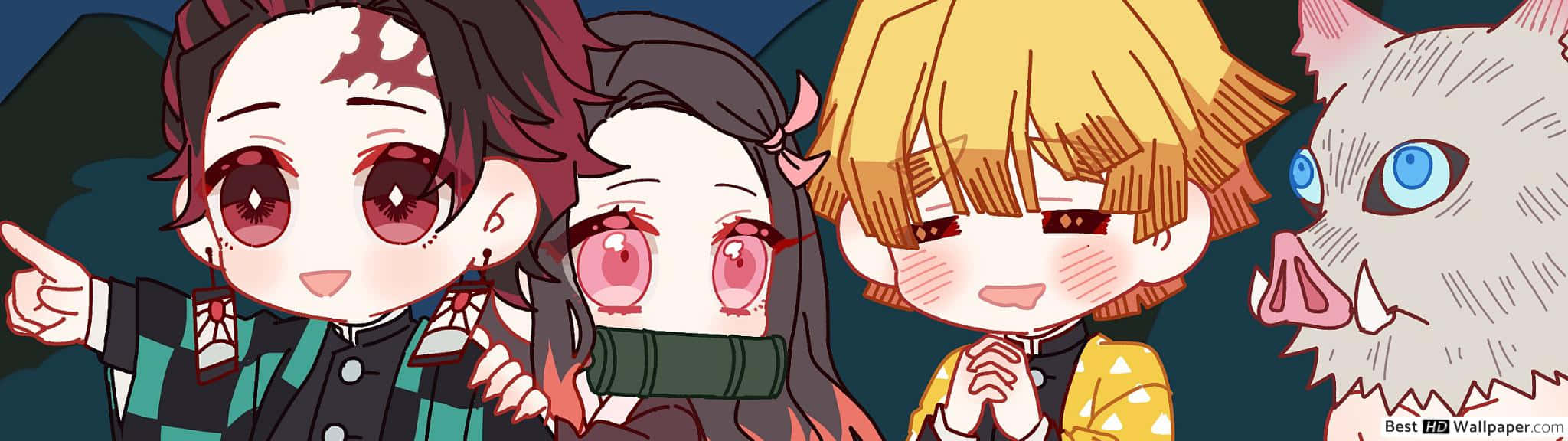 Demon Slayer Group, chibi anime characters, expressive eyes, Full HD Desktop Wallpaper