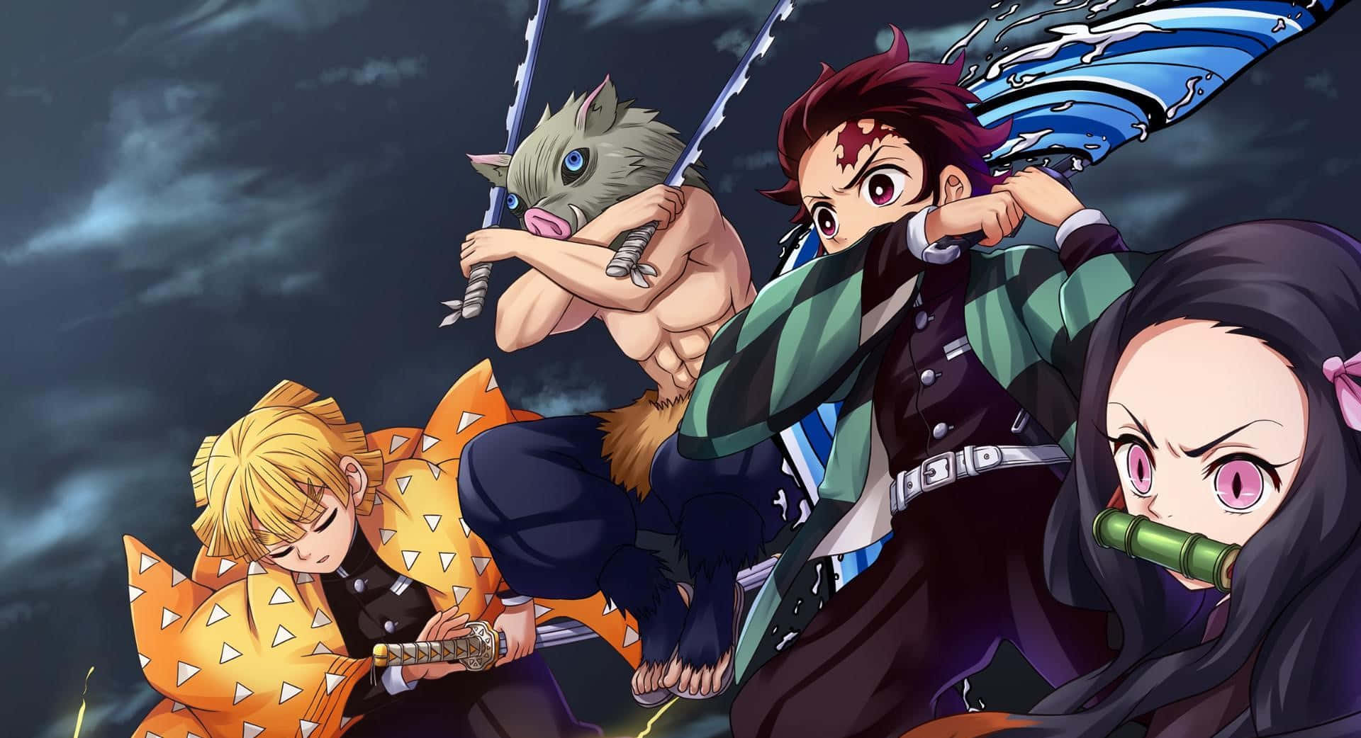 Demon Slayer, team dynamic action, three anime characters, Full HD Desktop Wallpaper