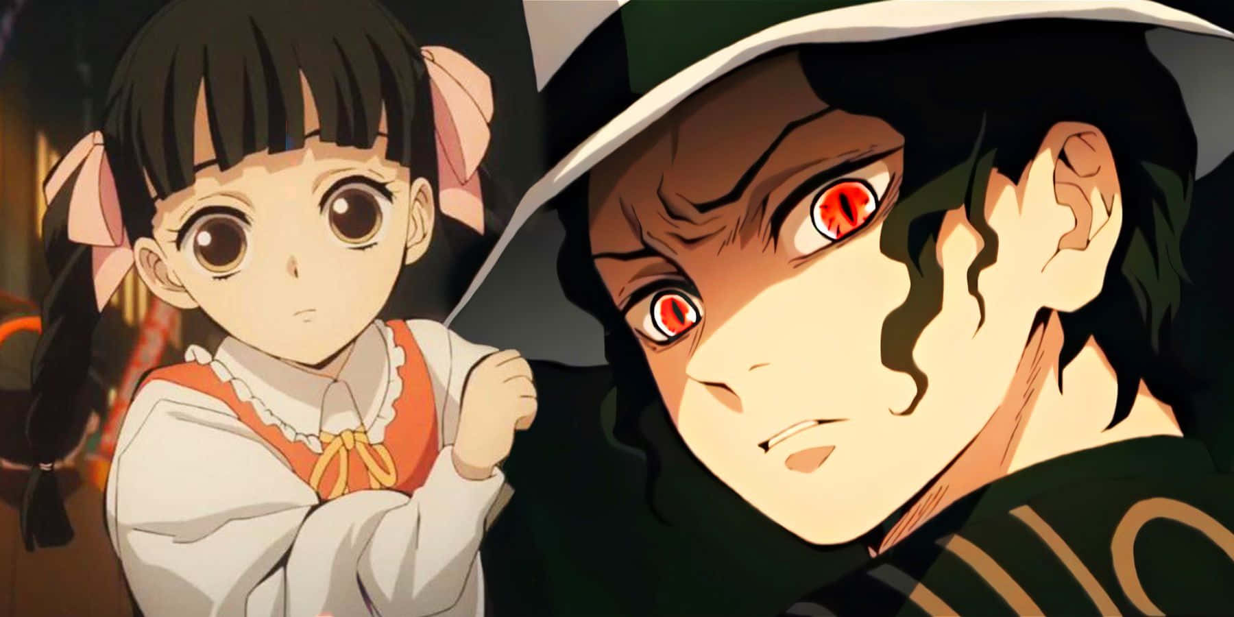 Demon Slayer Half-demon, pink bows, glowing red eyes, HD Desktop Wallpaper