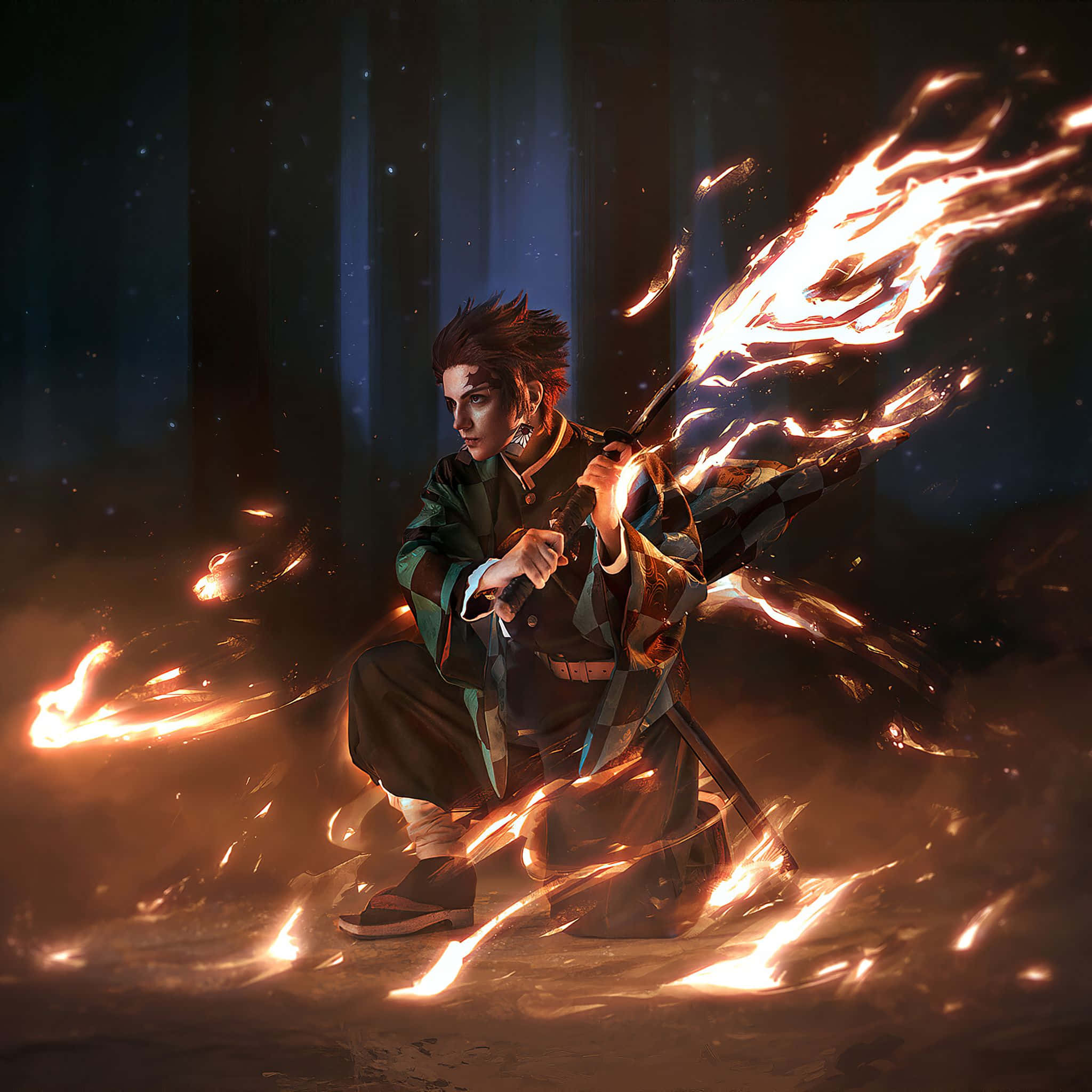 Demon Slayer, iPad, flaming sword, Full HD Desktop Wallpaper