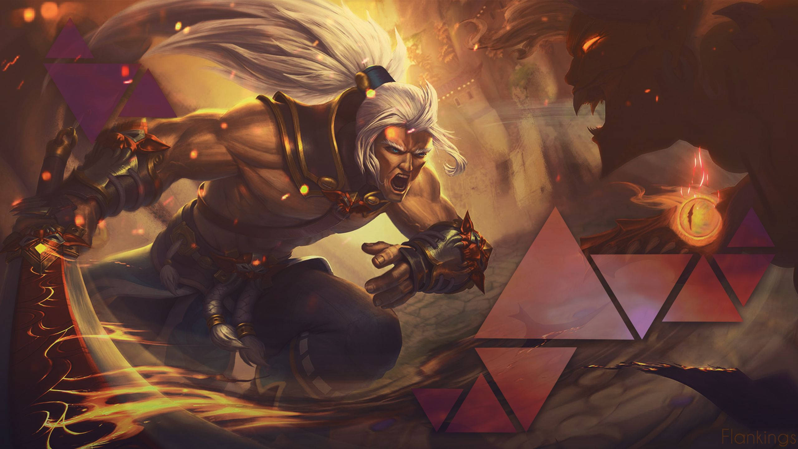 Demon Slayer, flaming sword, white hair, 2K Desktop Wallpaper