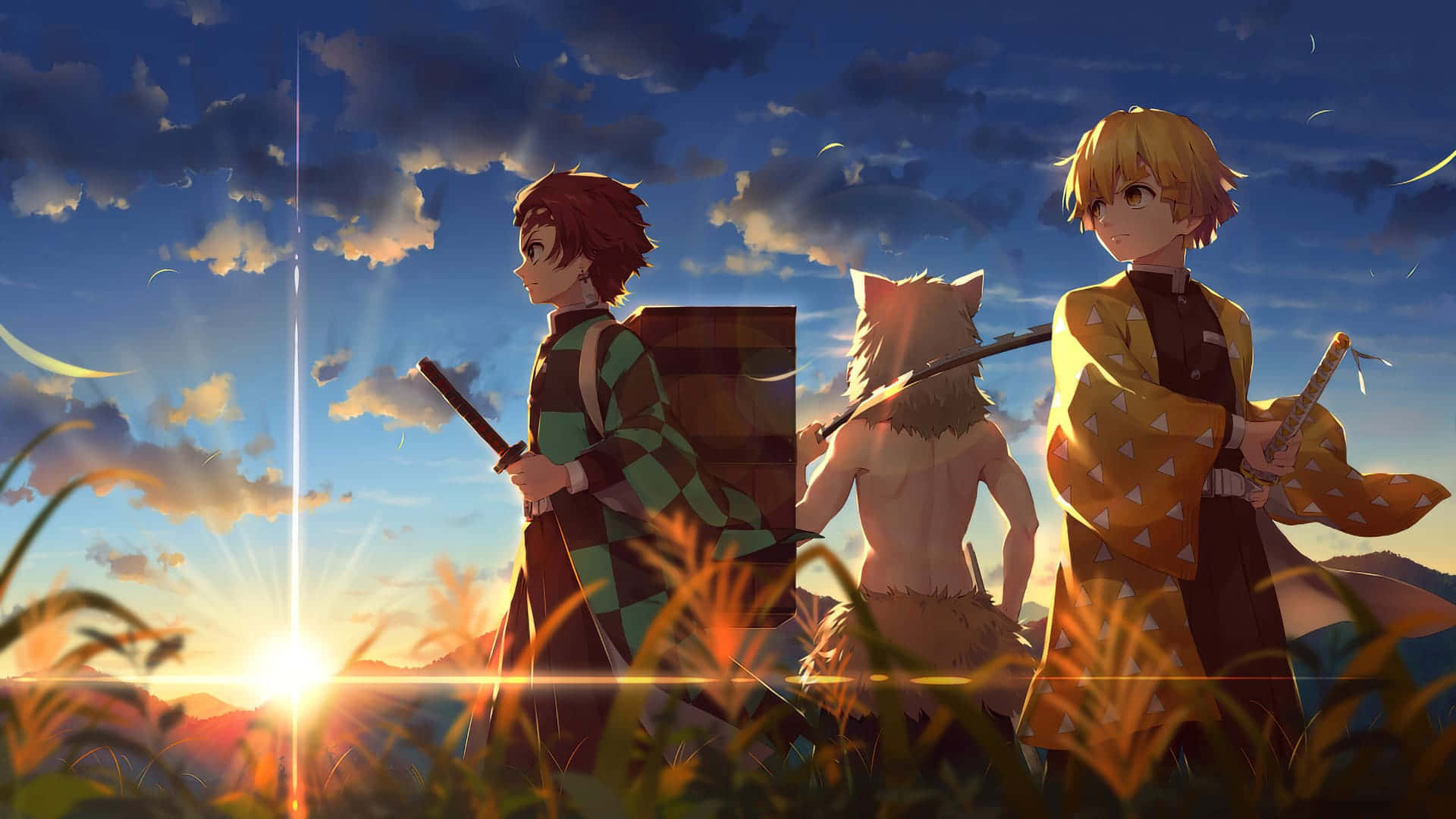 Demon Slayer, sunlit field, sunset, Full HD Desktop Wallpaper