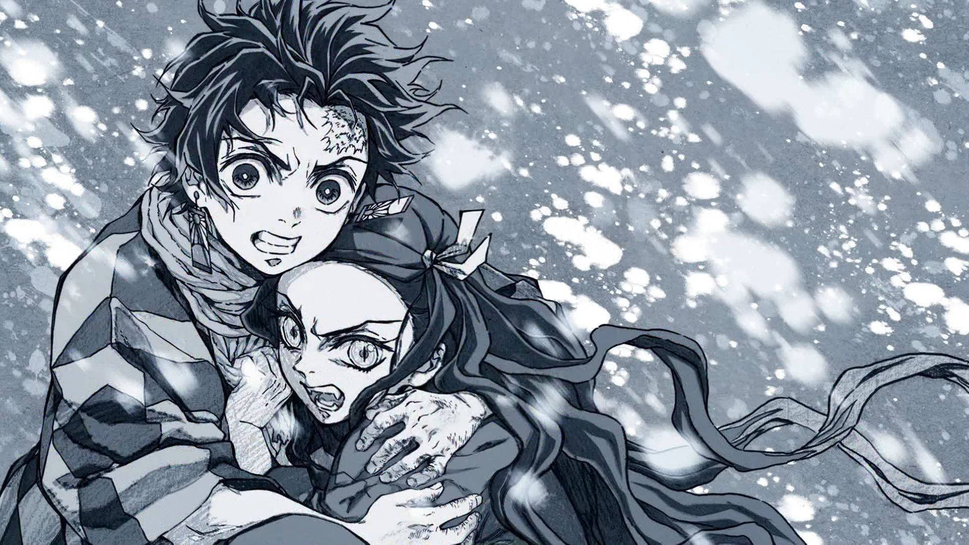 Demon Slayer, black and white, snowy storm, Full HD Desktop Wallpaper