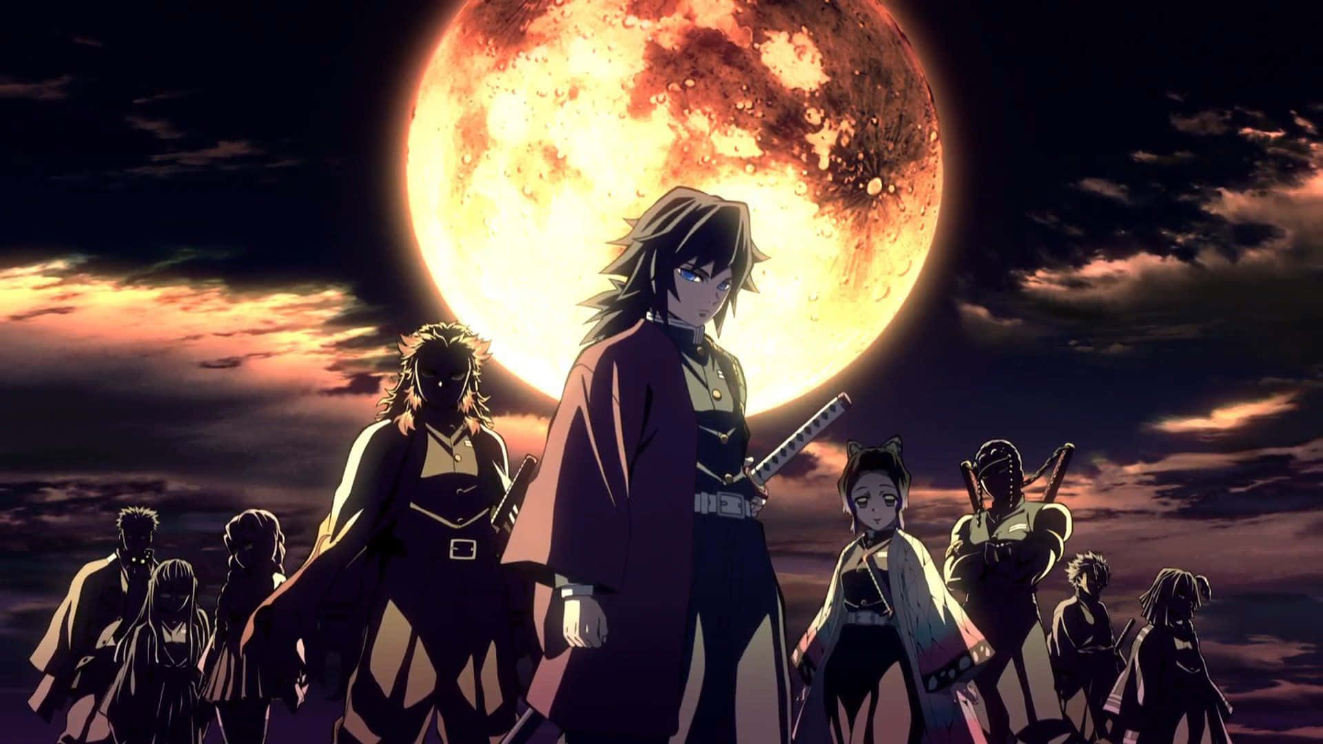 Demon Slayer, group, glowing red moon, Full HD Desktop Wallpaper
