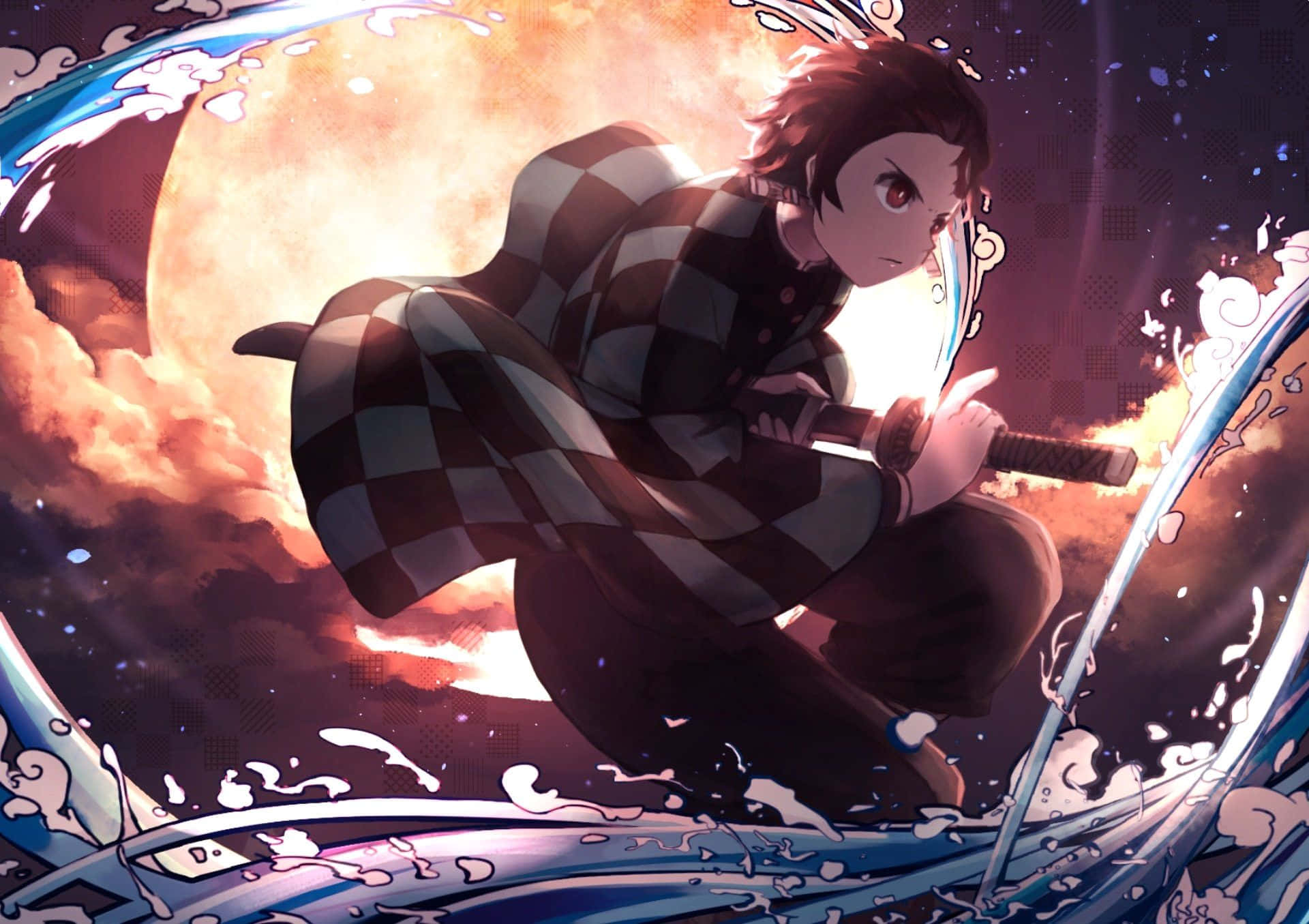 Demon Slayer, checkered kimono, sword, Full HD Desktop Wallpaper