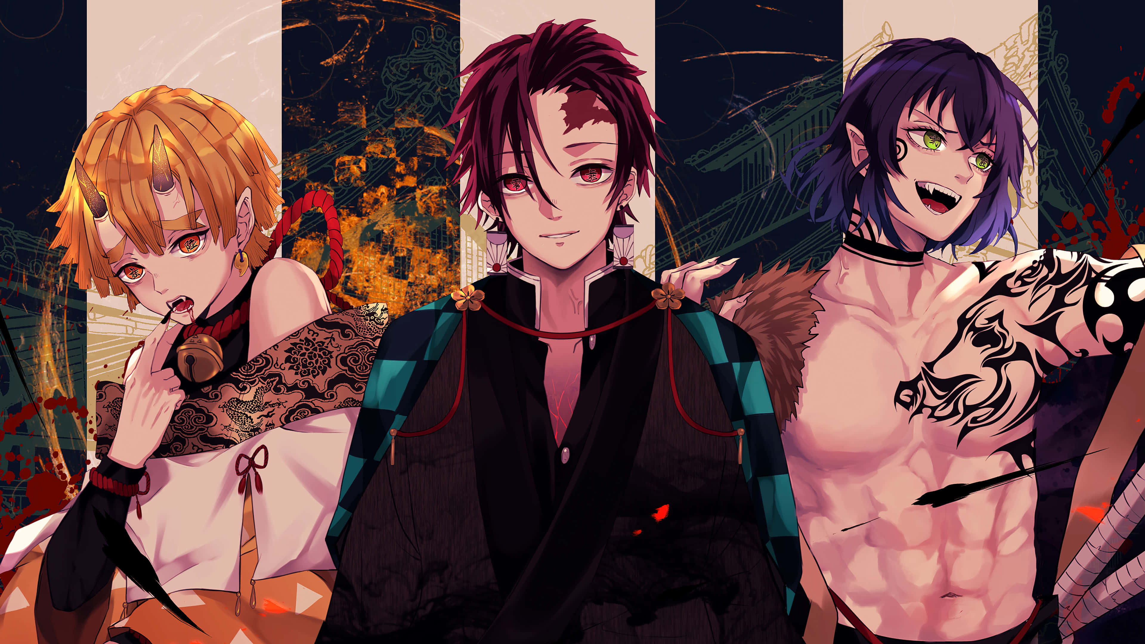 Demon Slayer, anime characters, distinct hair colors, 4K Desktop Wallpaper