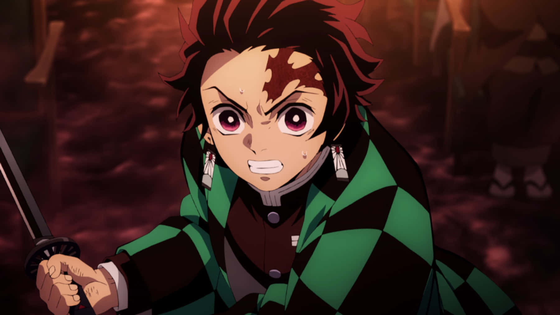 Demon Slayer, red hair, green checkered coat, HD Desktop Wallpaper