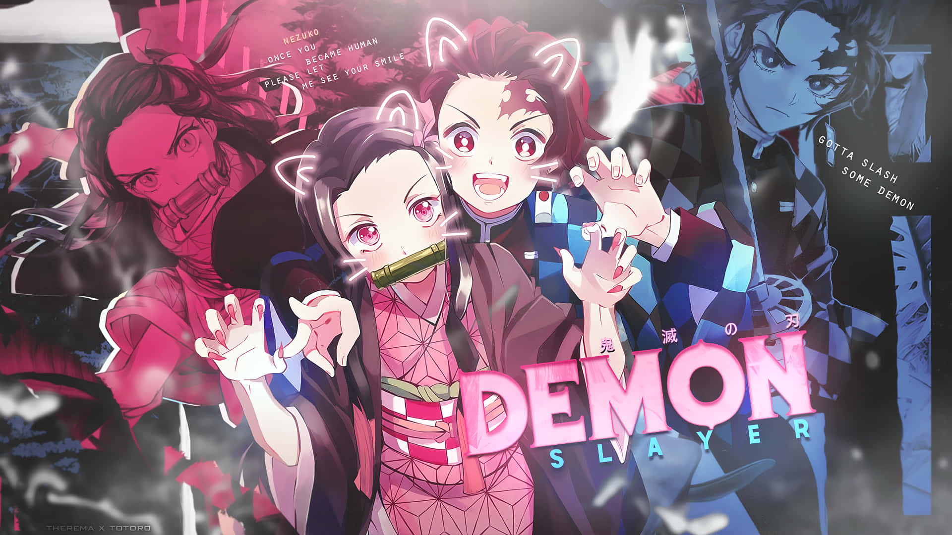 Demon Slayer, pink, blue, Full HD Desktop Wallpaper