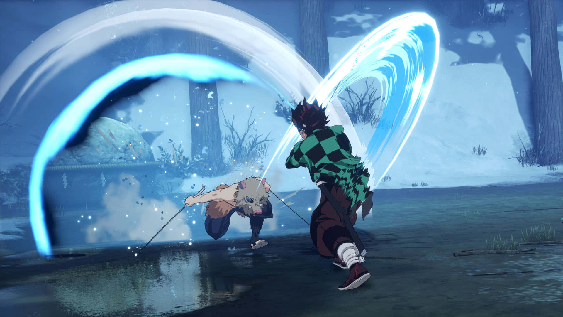 Demon Slayer, snowy forest, glowing blue energy blades, Full HD Desktop Wallpaper